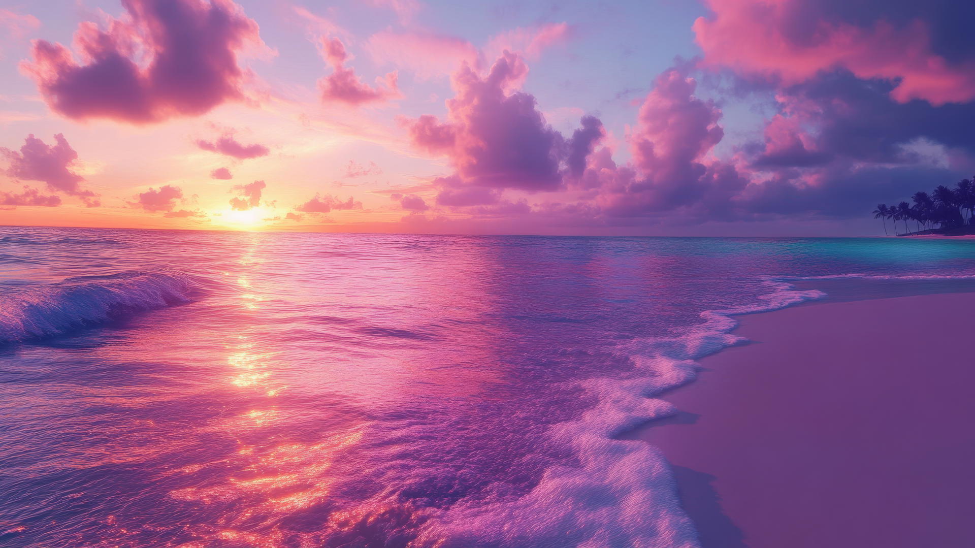 Aesthetic beach wallpaper with a romantic sunset, vibrant pink and purple colors in the sky and glowing water.
