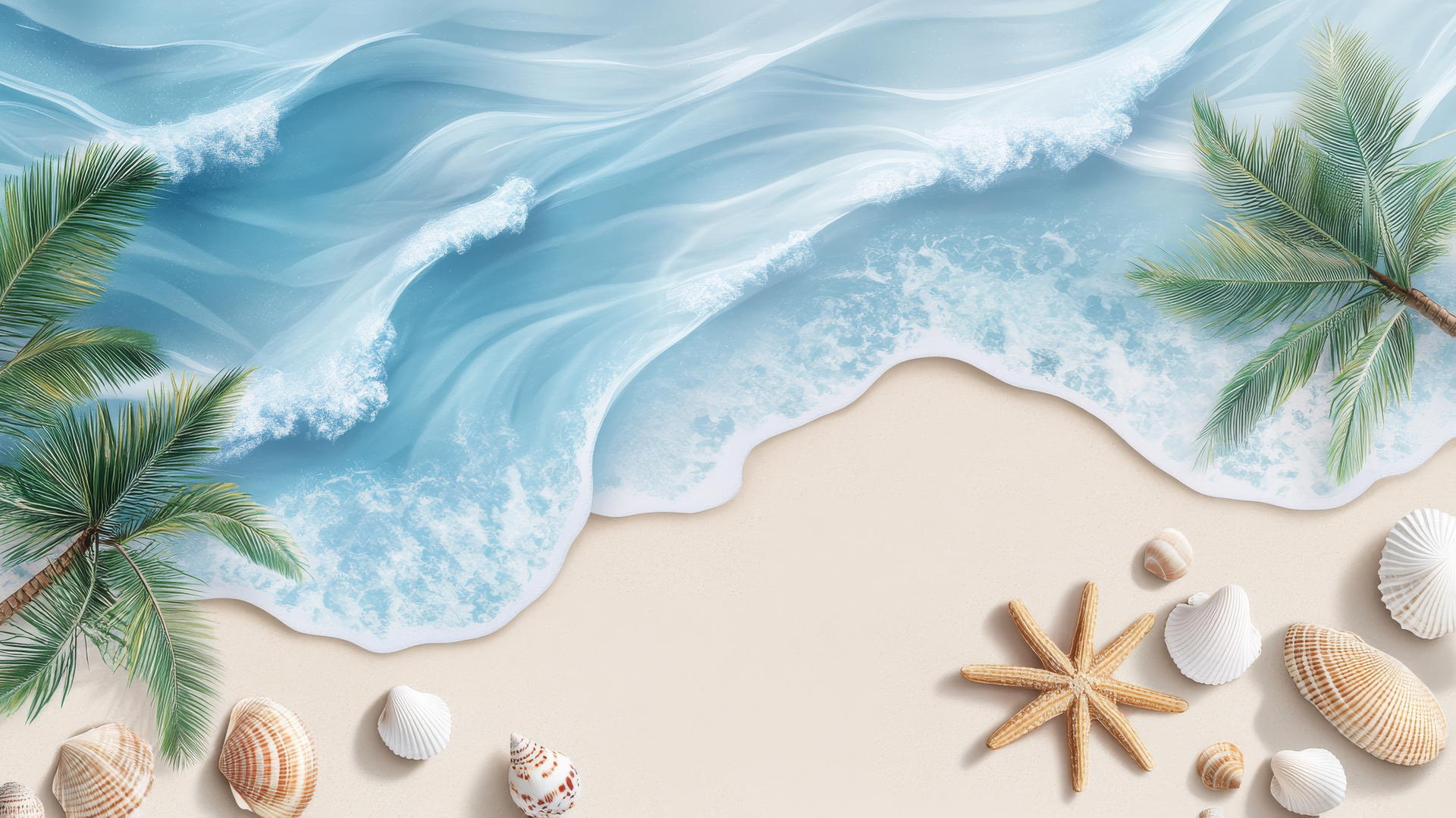 A modern beach theme wallpaper with stylized waves, minimal palm trees, and seashells.