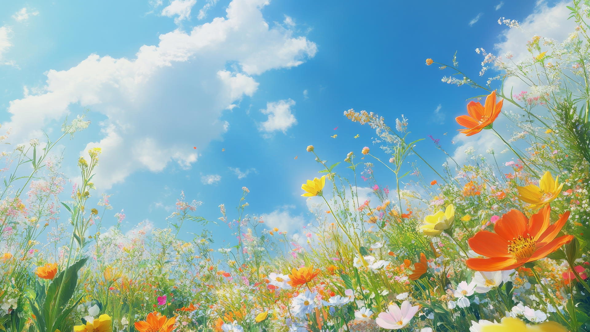 spring aesthetic wallpaper of a meadow filled with wildflowers under a bright blue sky
