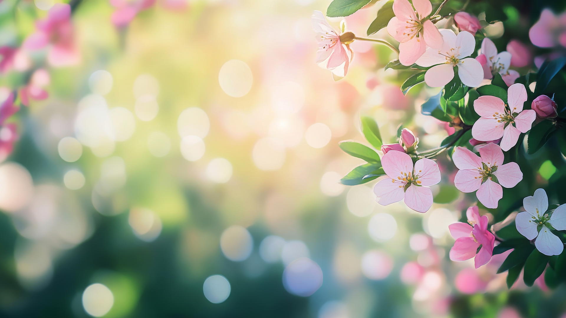spring aesthetic wallpaper with vibrant clusters of pink and white flowers and soft green leaves