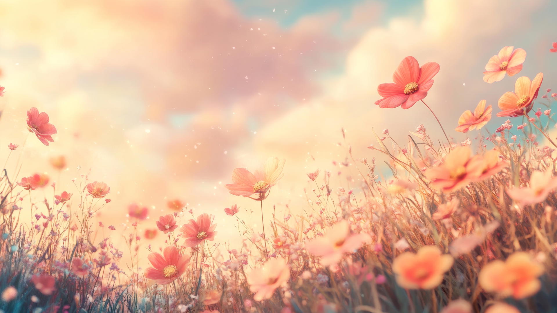 spring flowers wallpaper with wildflowers under a pastel-colored sky