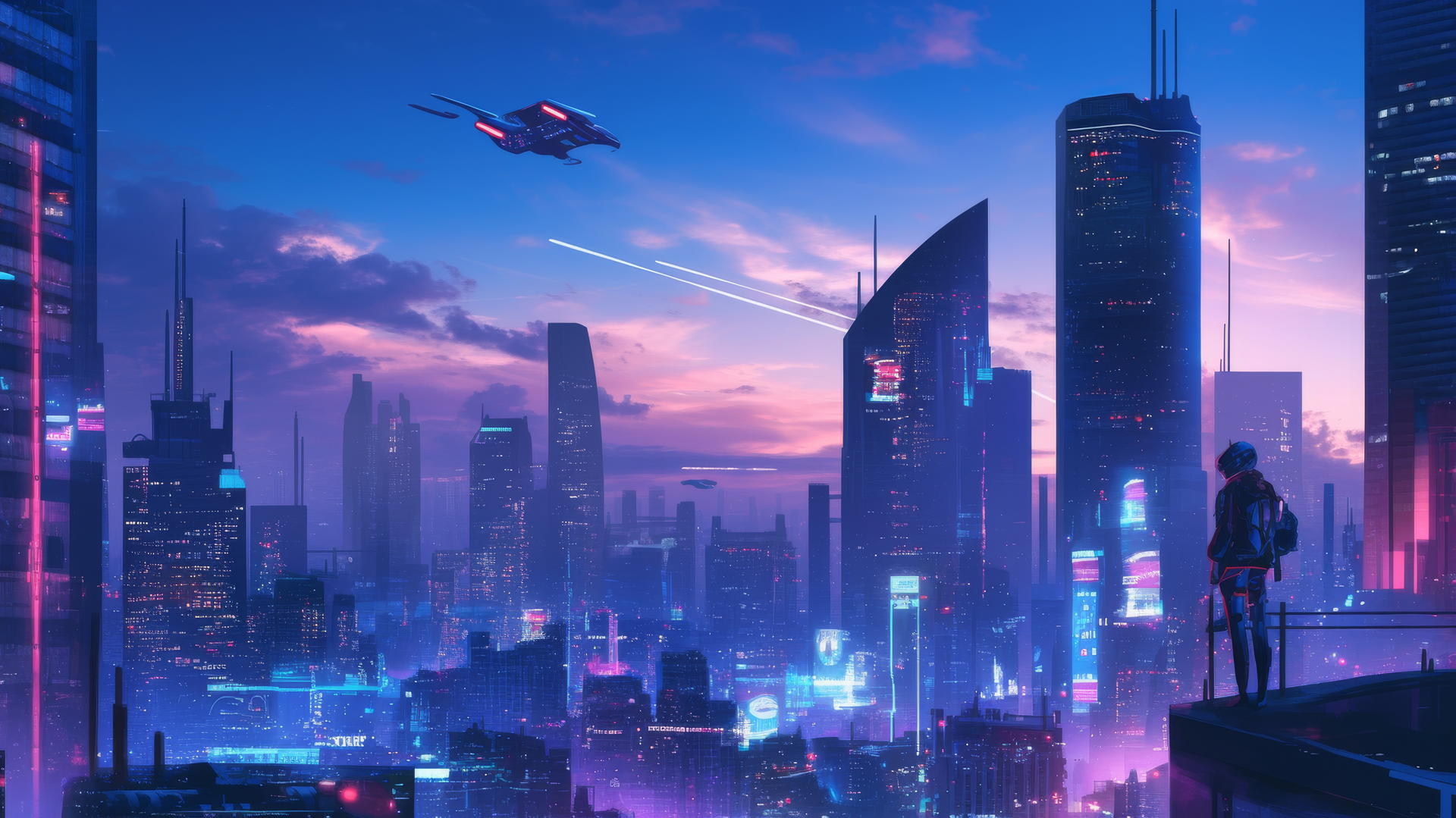 Futuristic city skyline at night with glowing neon lights, cool wallpapers 4k