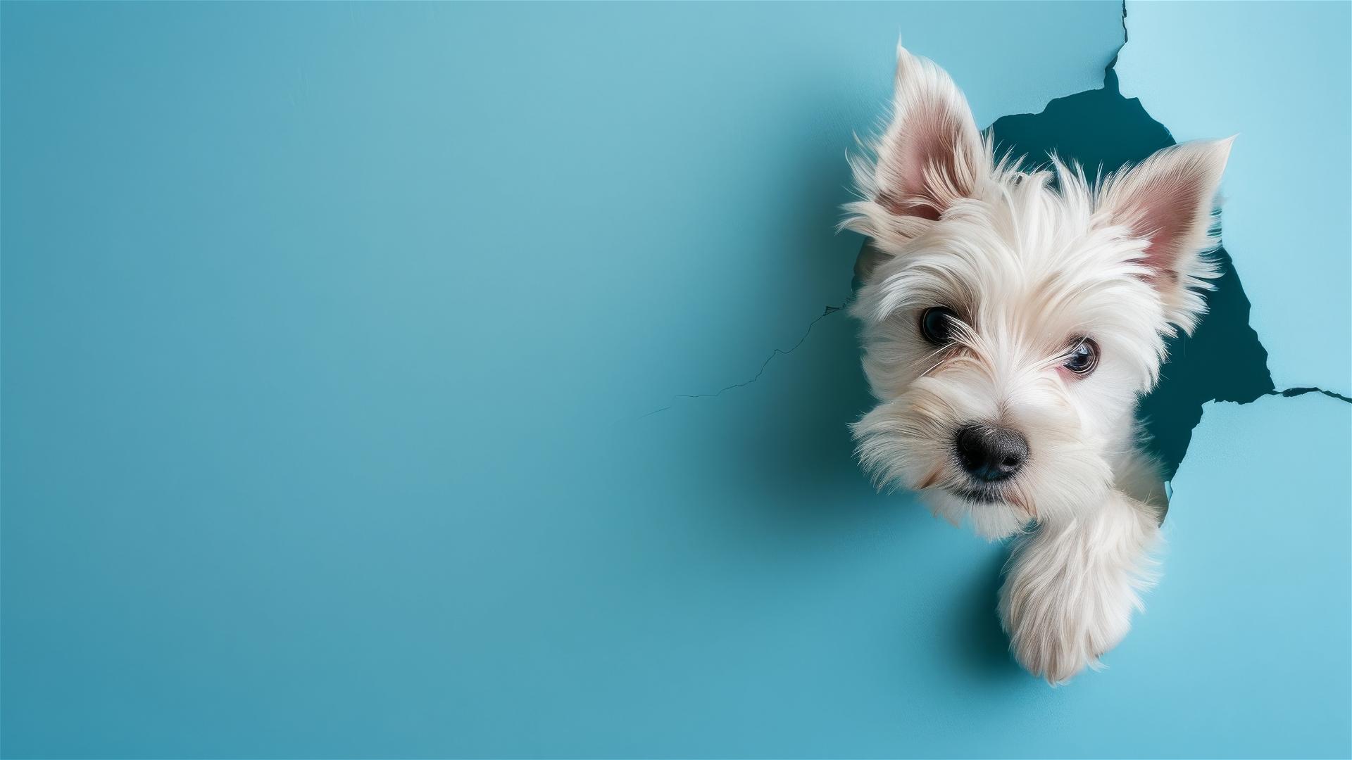 Spring colorful West Highland White Terrier peeking through sky blue paper hole