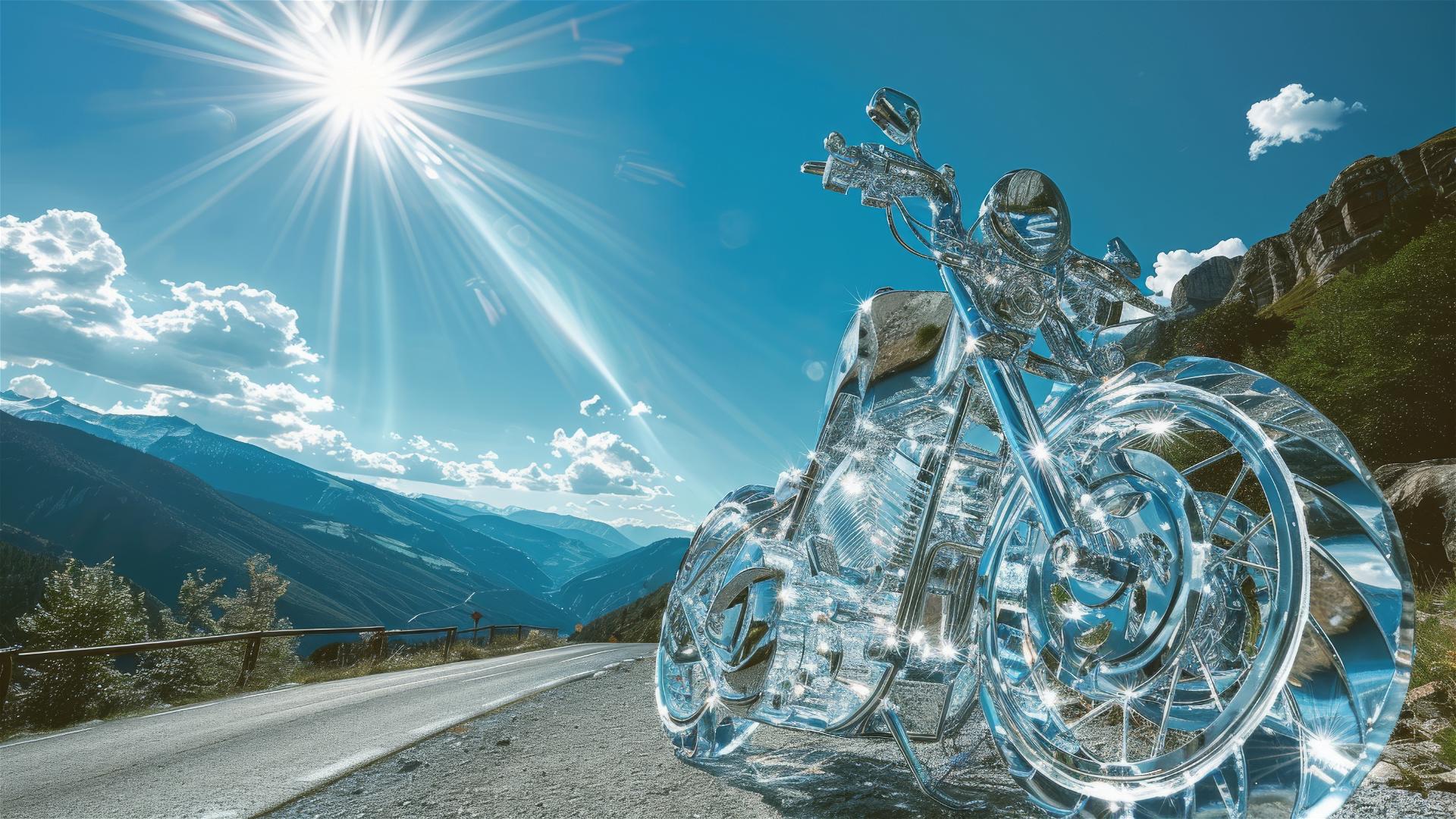 Glass motorcycle rider sculpture on mountain road with blue sky