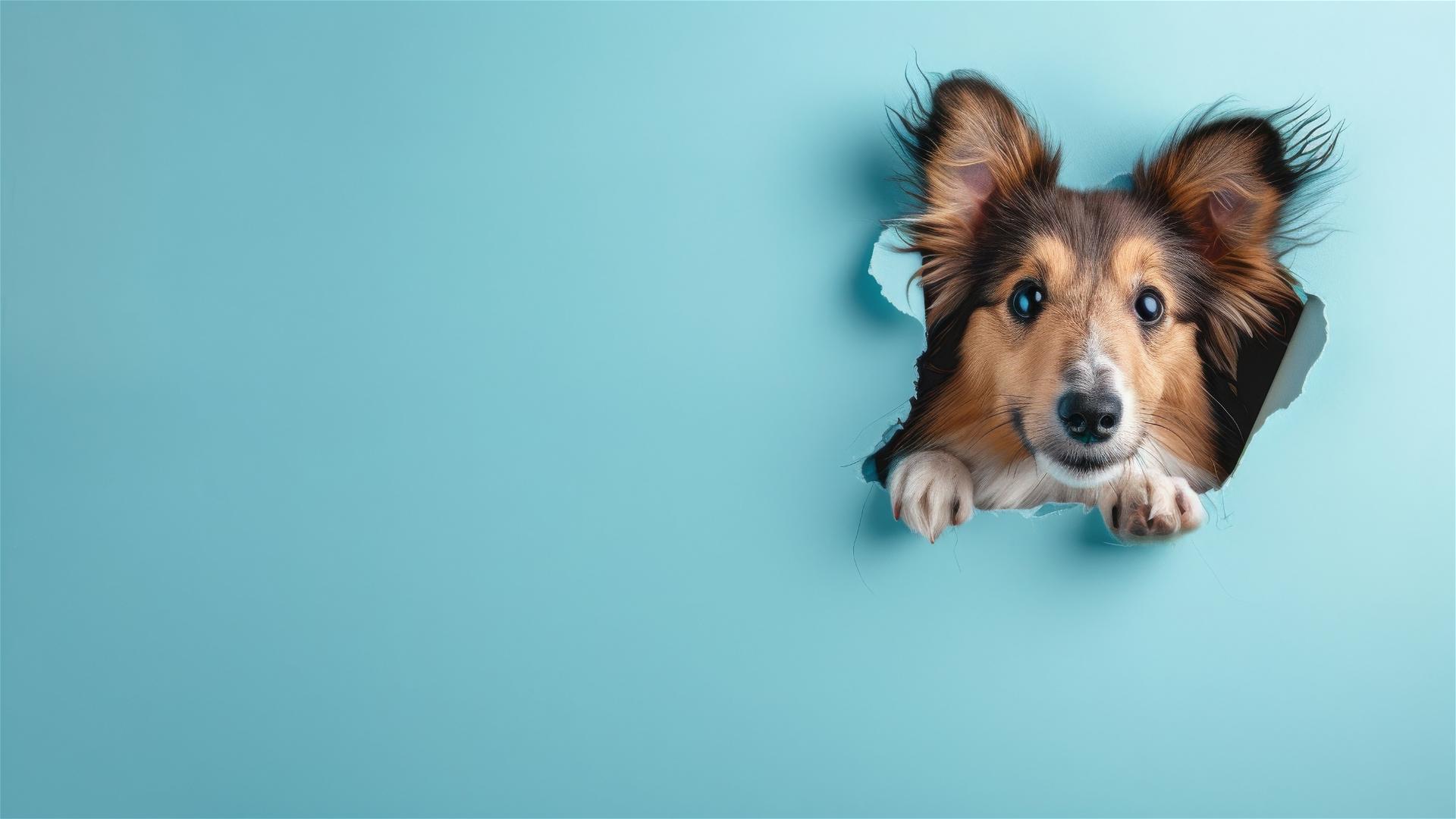 Shetland Sheepdog peeking through sky blue paper hole