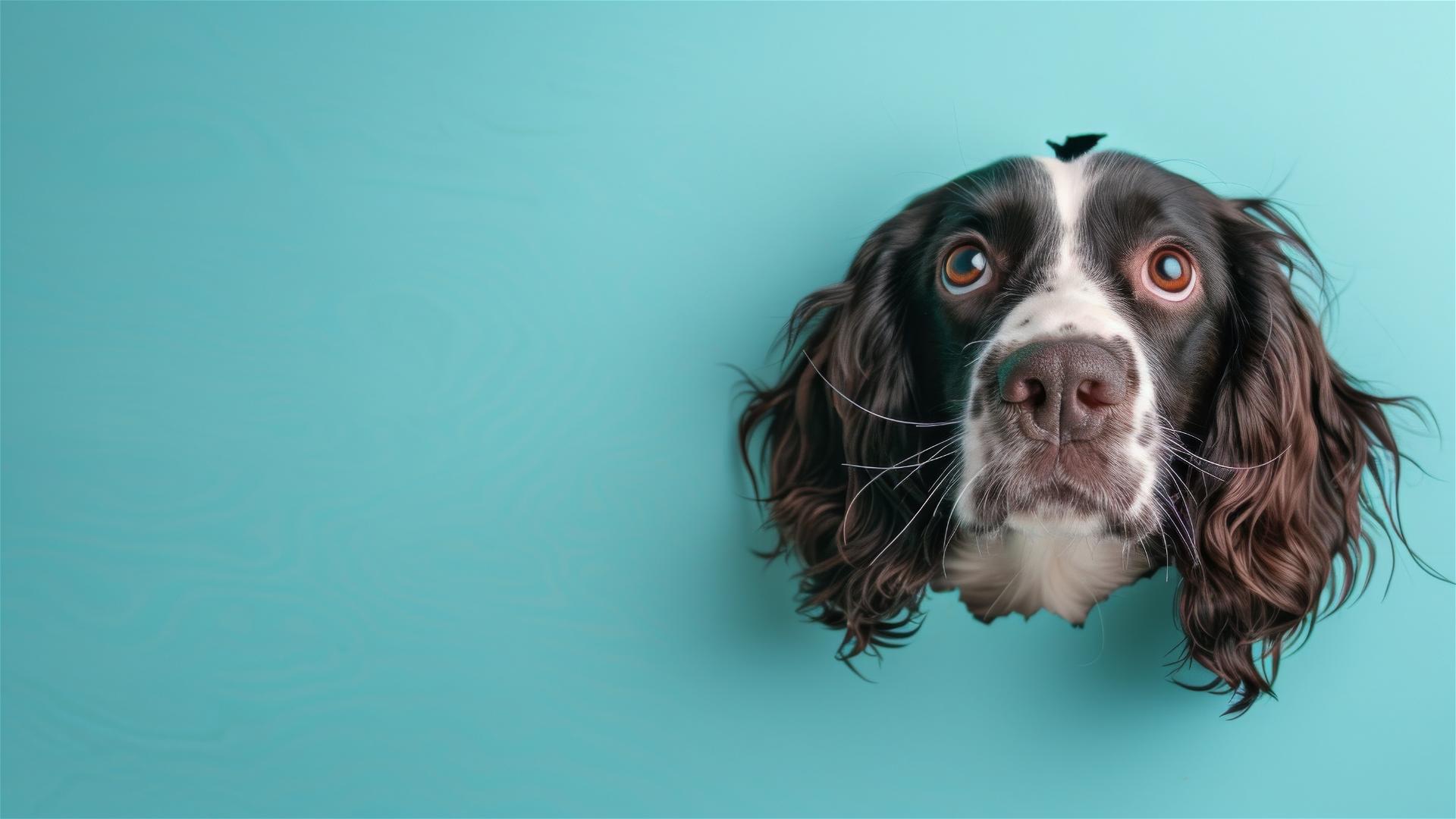 English Springer Spaniel peeking through sky blue paper