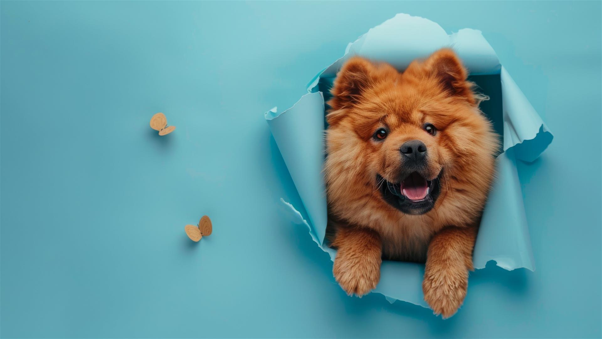 Chow Chow peeking through hole in sky blue paper wall