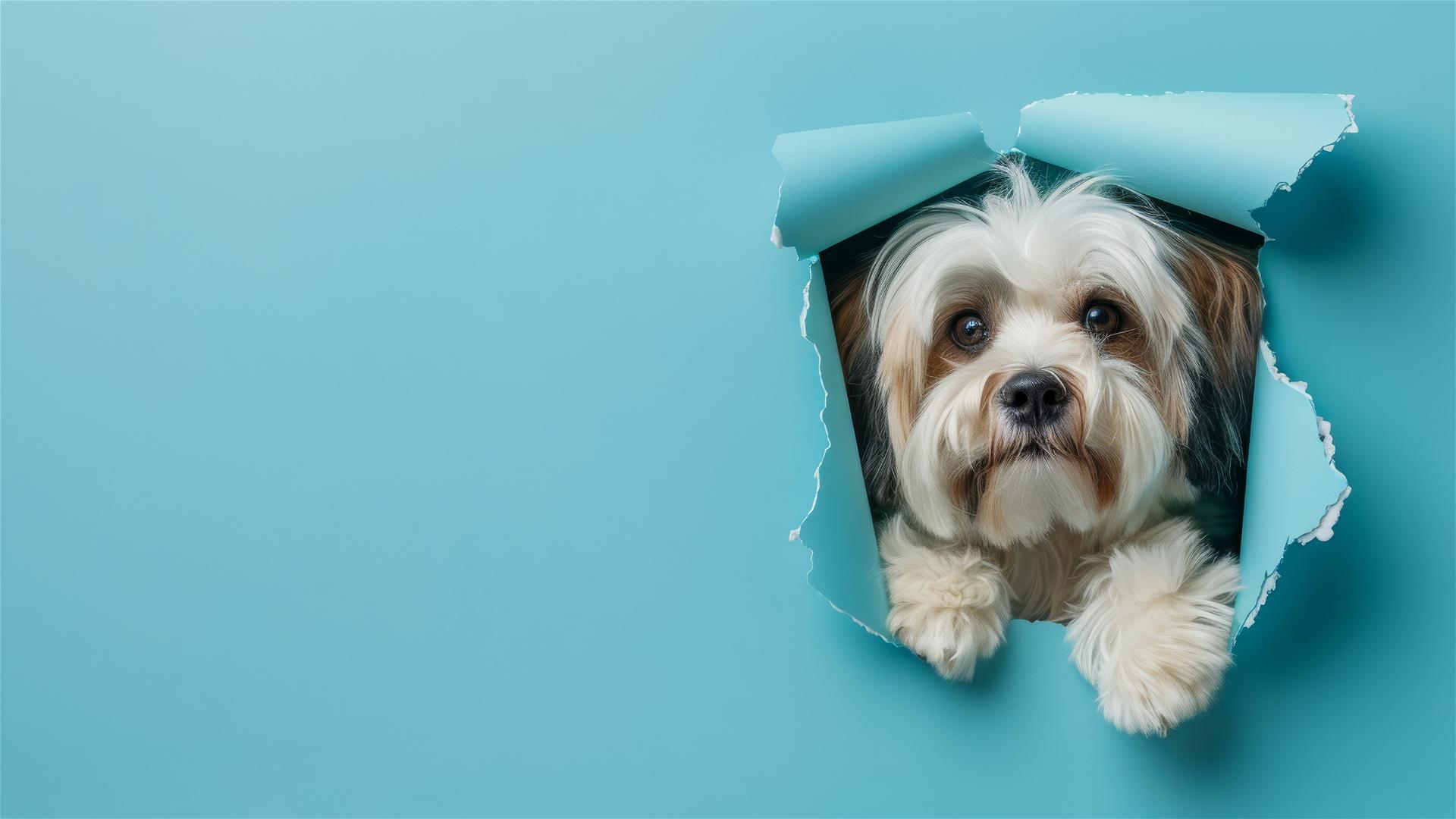 Tibetan Terrier peeking through sky blue paper hole