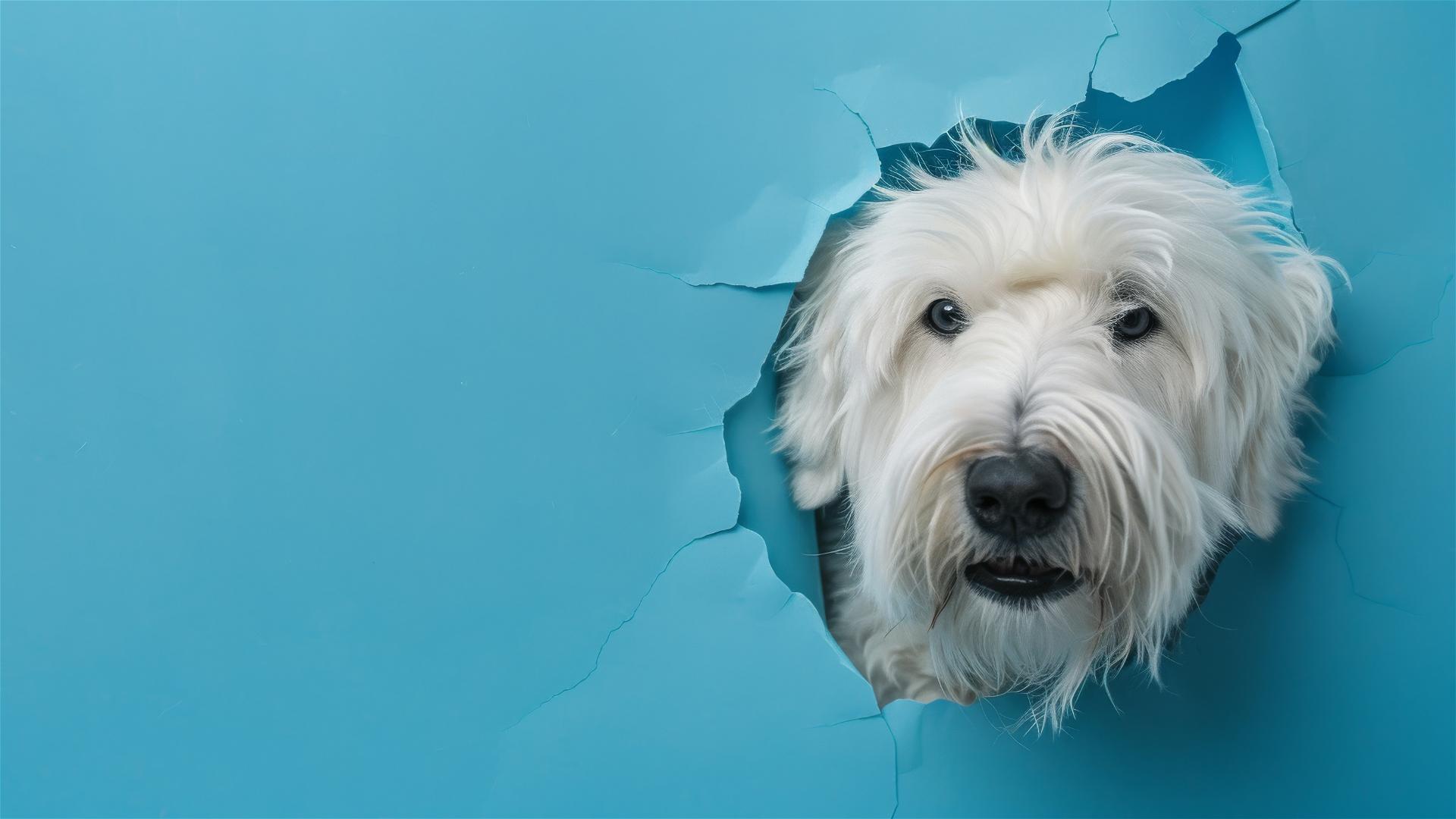 Old English Sheepdog peeking through hole in sky blue wall