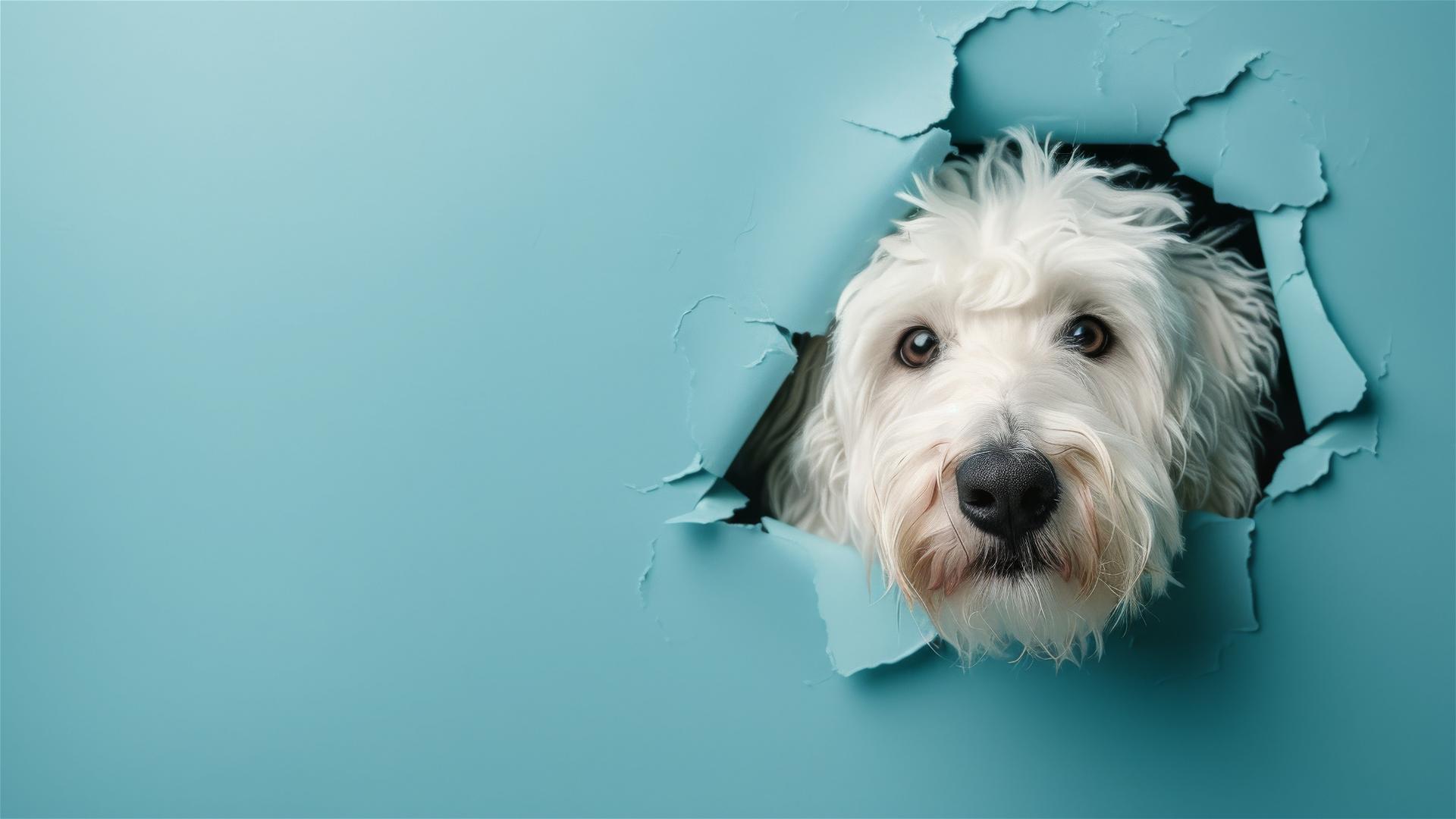 Old English Sheepdog peeking through hole in sky blue wall