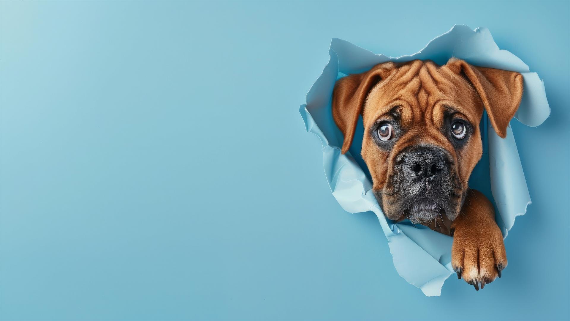 Mastiff peeking through sky blue paper wall hole