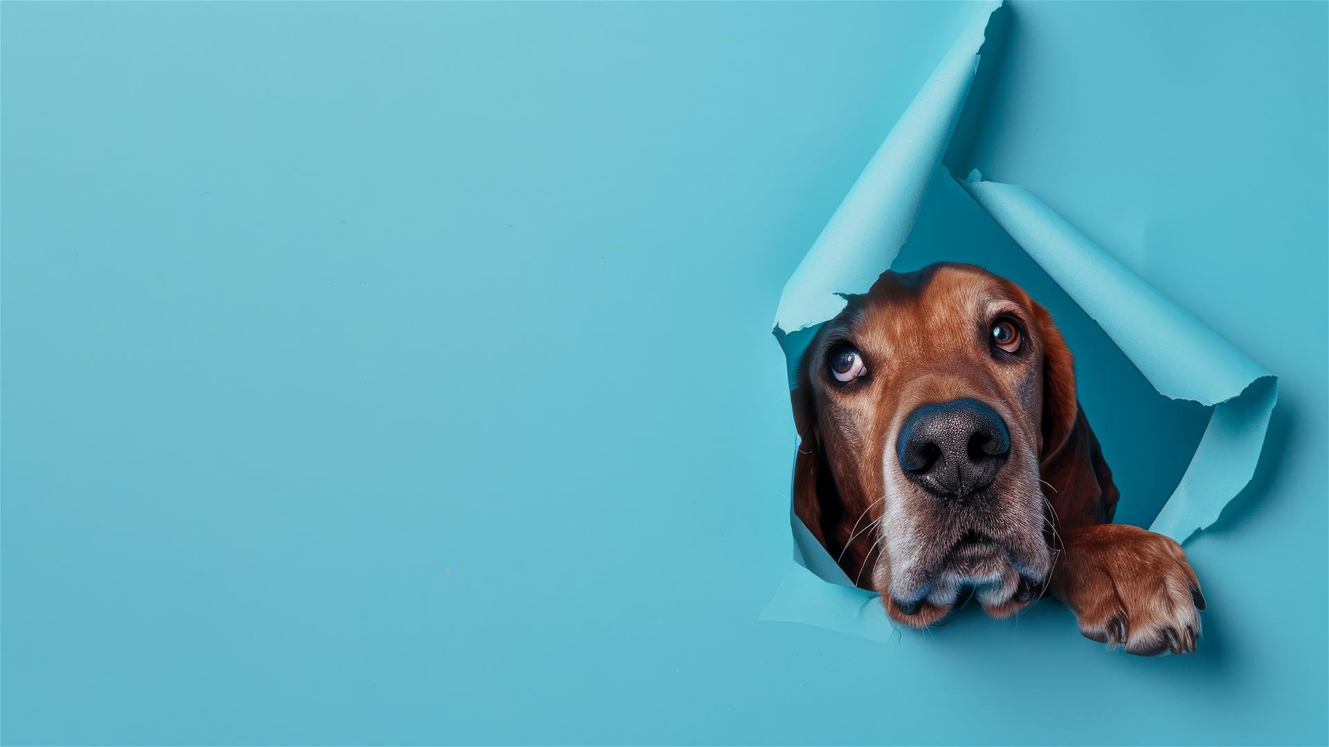 Colorful Bloodhound peeking through hole in sky blue paper wall