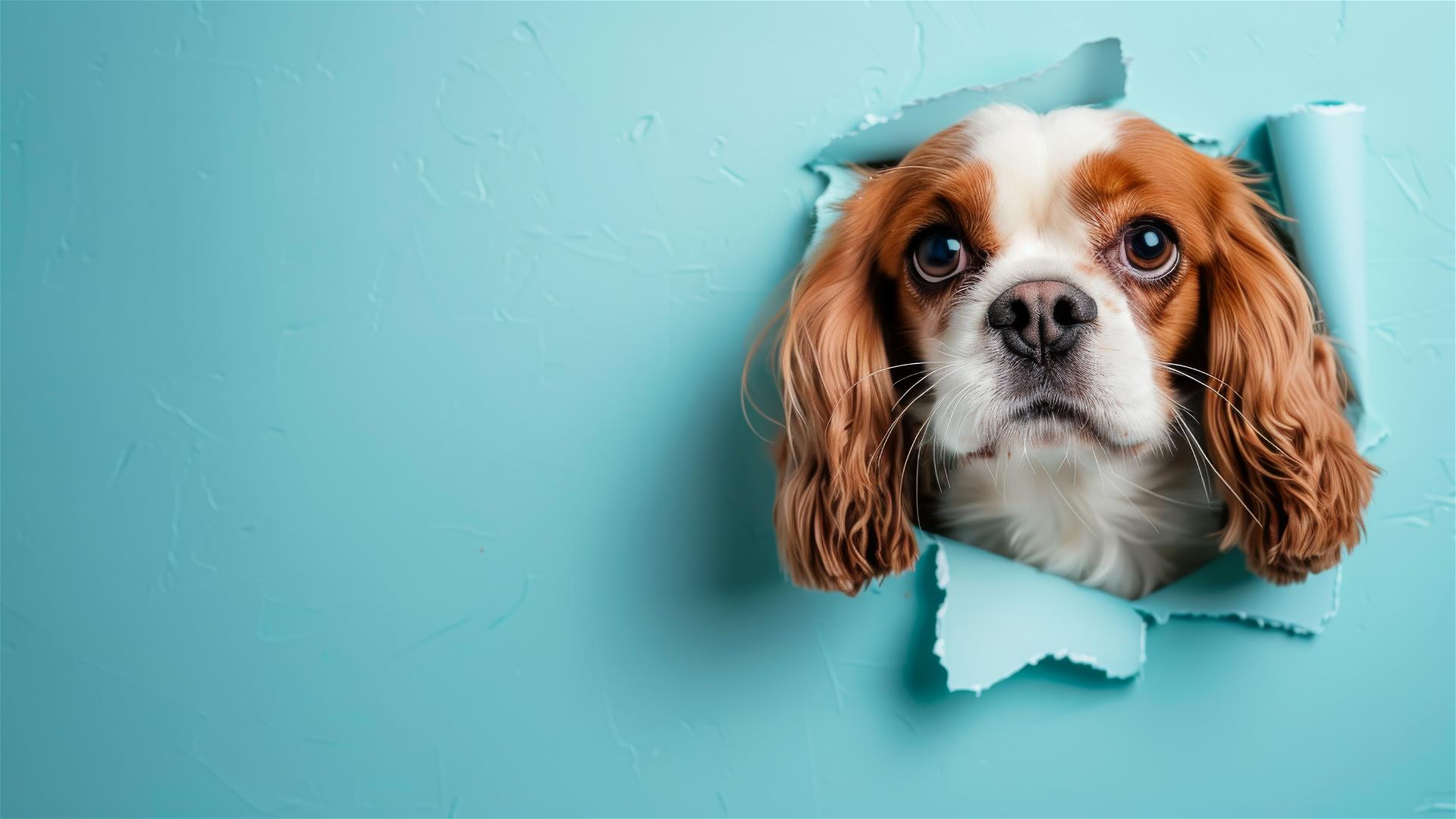 Cavalier King Charles Spaniel peeking through sky blue paper