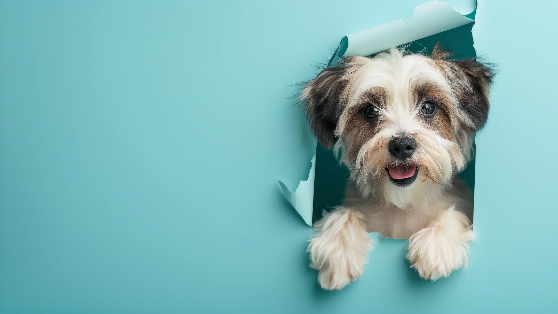 Colorful Tibetan Terrier peeking through hole in sky blue wall