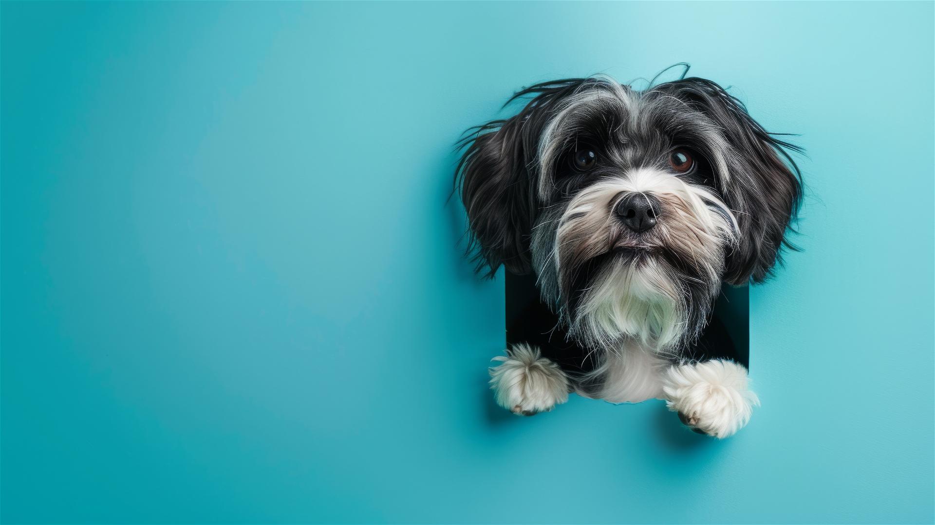 Tibetan Terrier peeking through sky blue paper