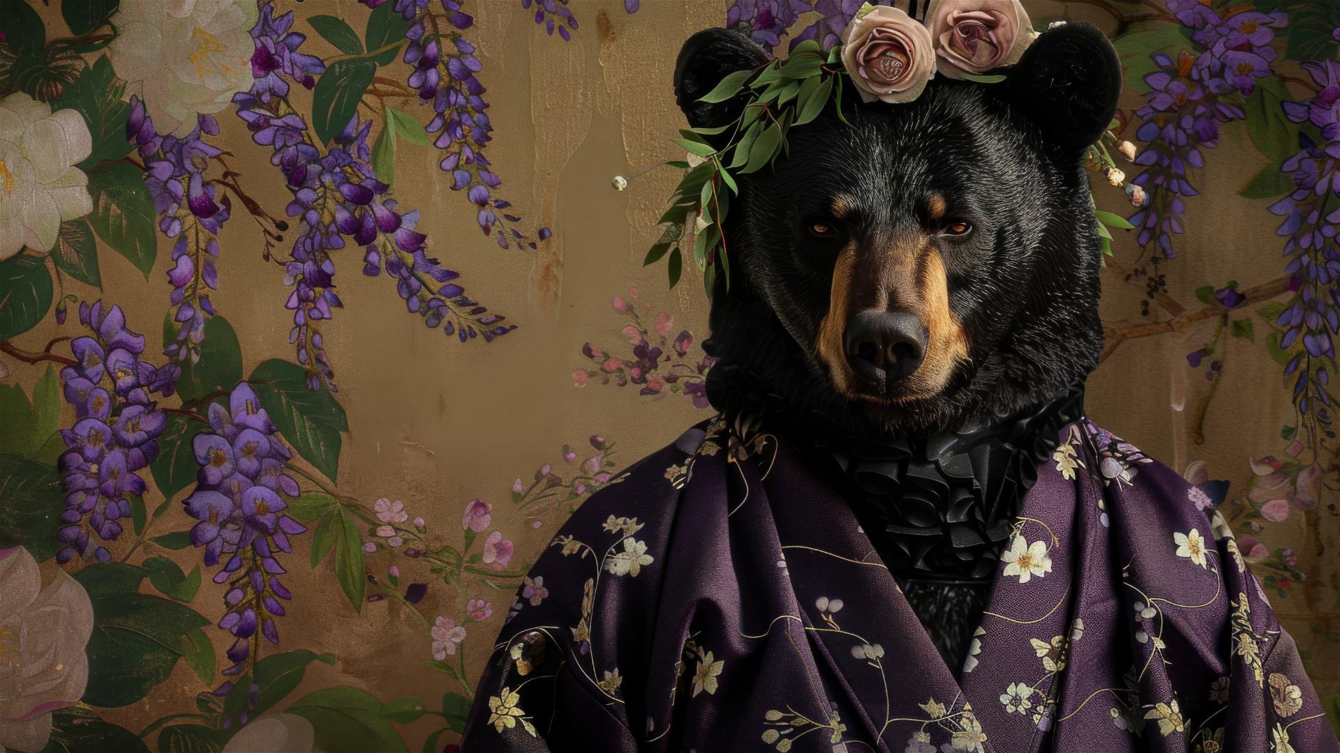 Black bear in purple wisteria kimono with floral wreath, vintage background.