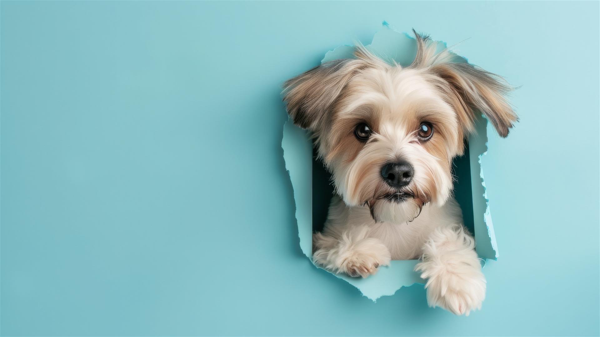 Tibetan Terrier peeking through hole in sky blue paper