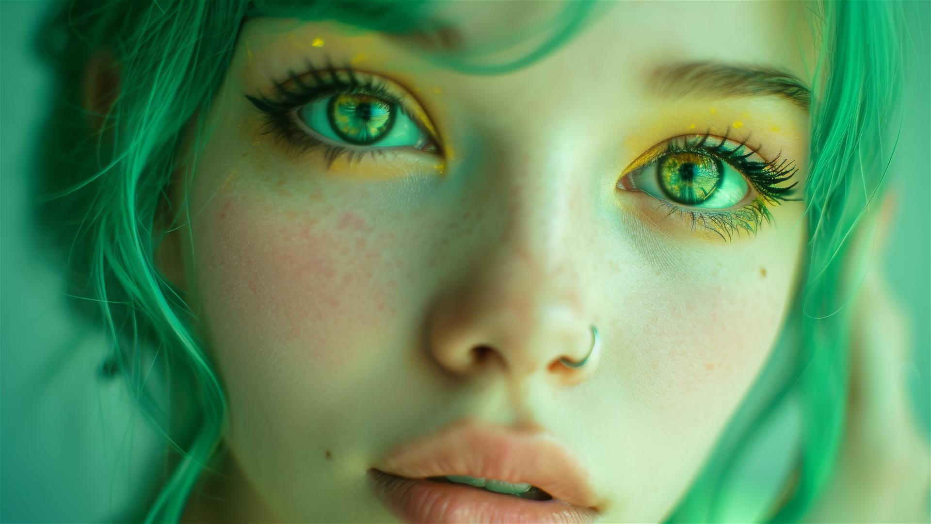 Kawaii tattoo-style young woman in green and yellow