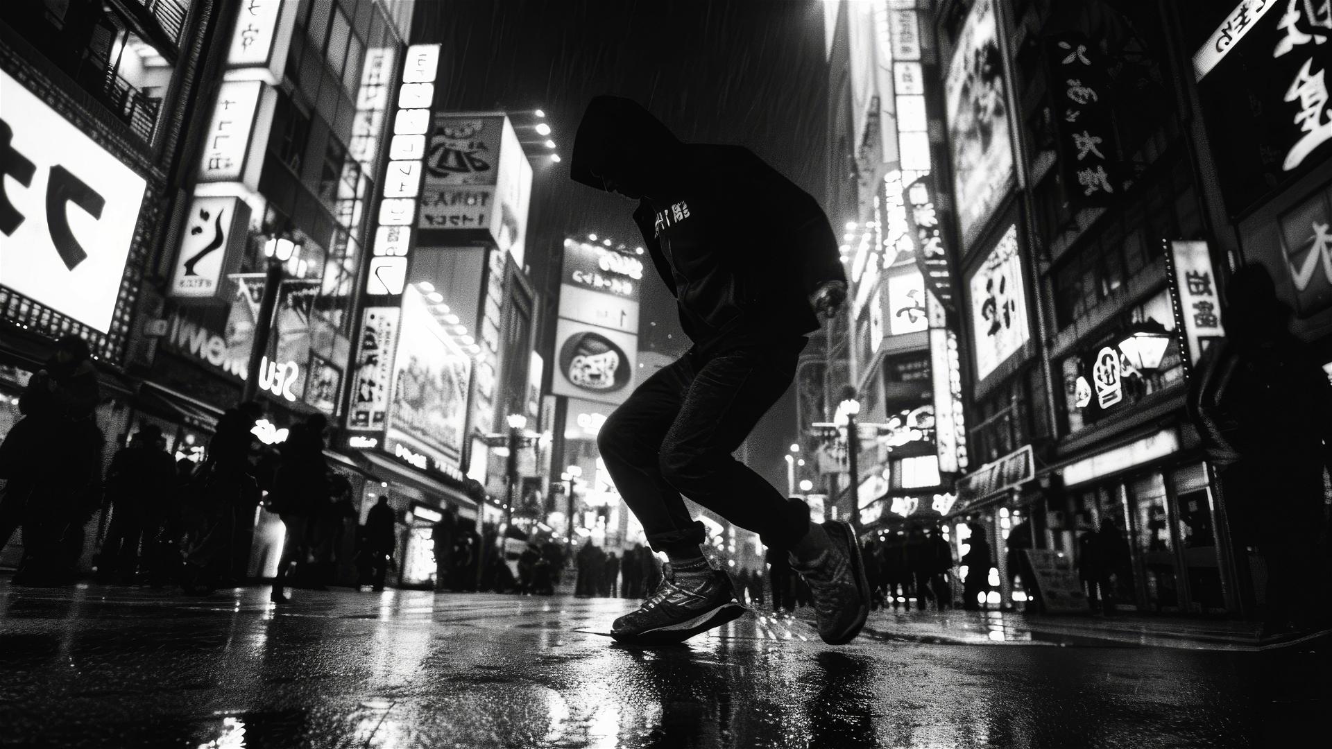 Man dancing in neon-lit Shinjuku street at night, black and white, 35mm film, 1-second exposure.