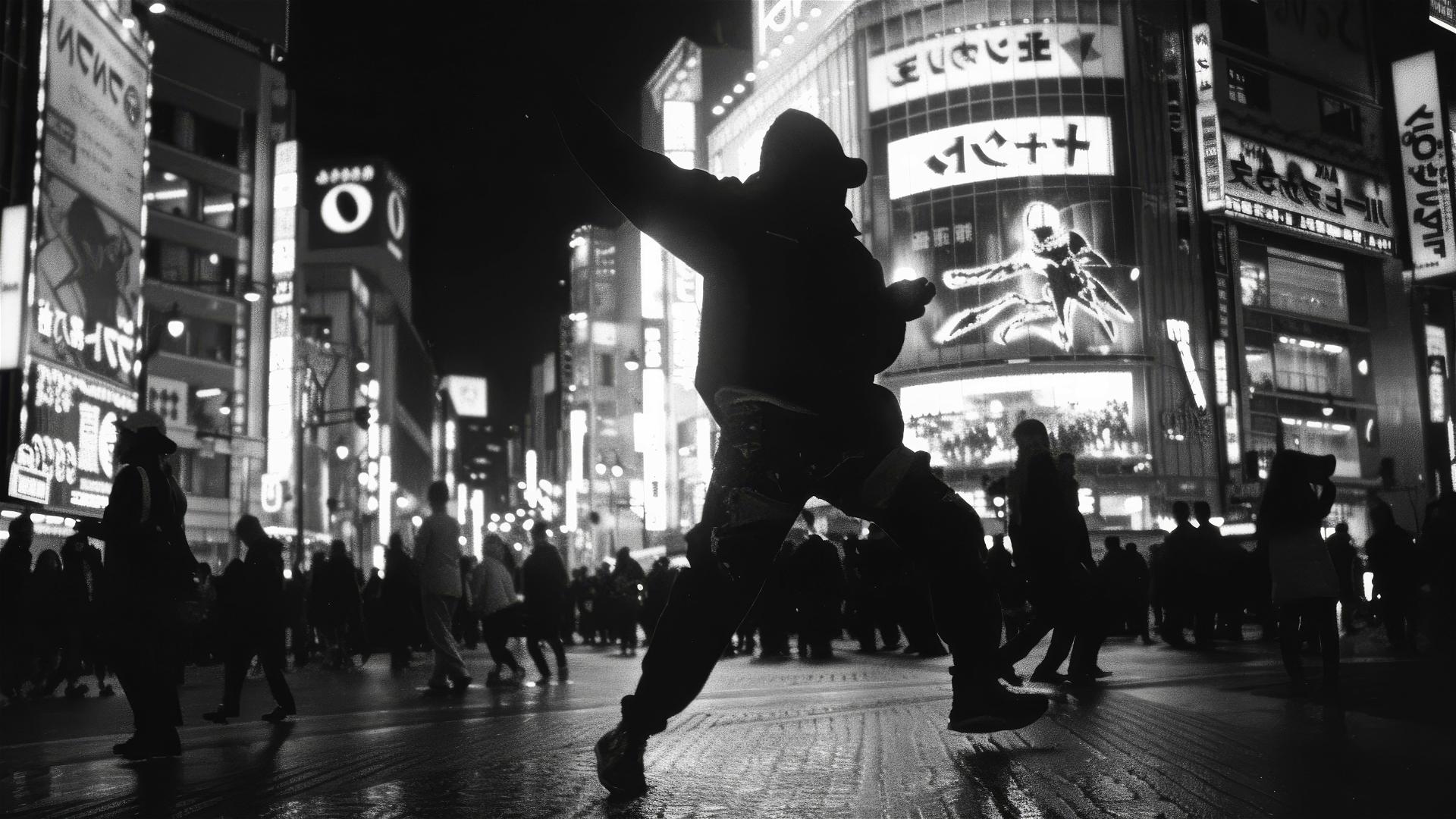 Man dancing in neon-lit Shinjuku street at night in black and white