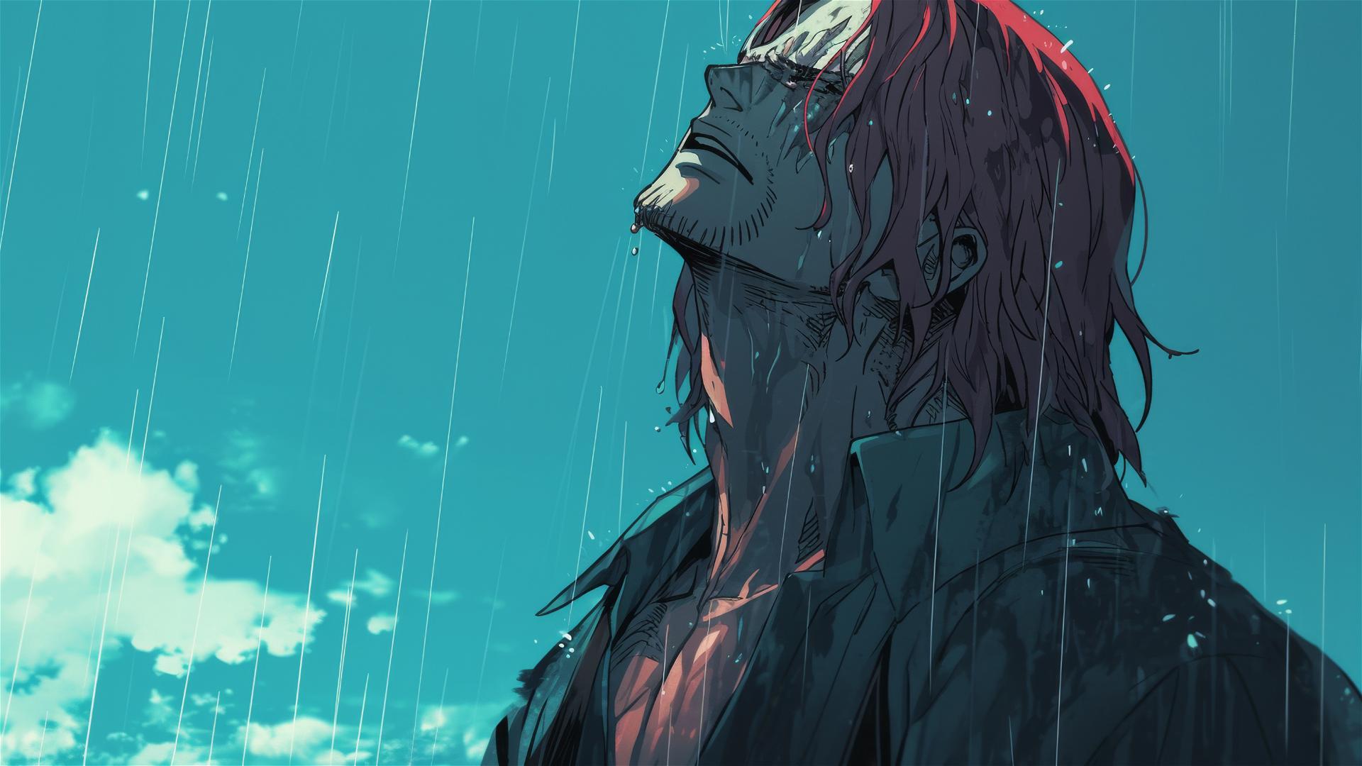 Shanks from One Piece in the rain looking at stormy sky