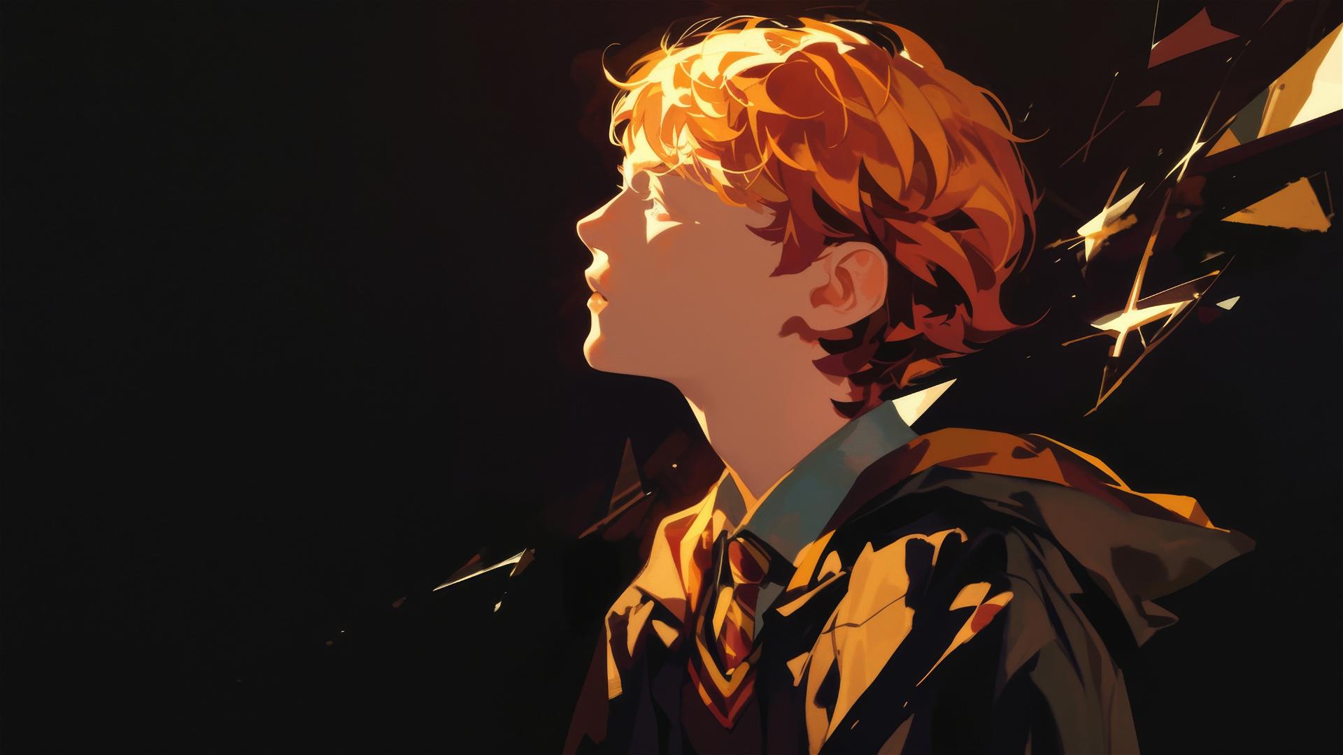 Artistic isolated drawing of Ron Weasley with a dark background and spotlight effect