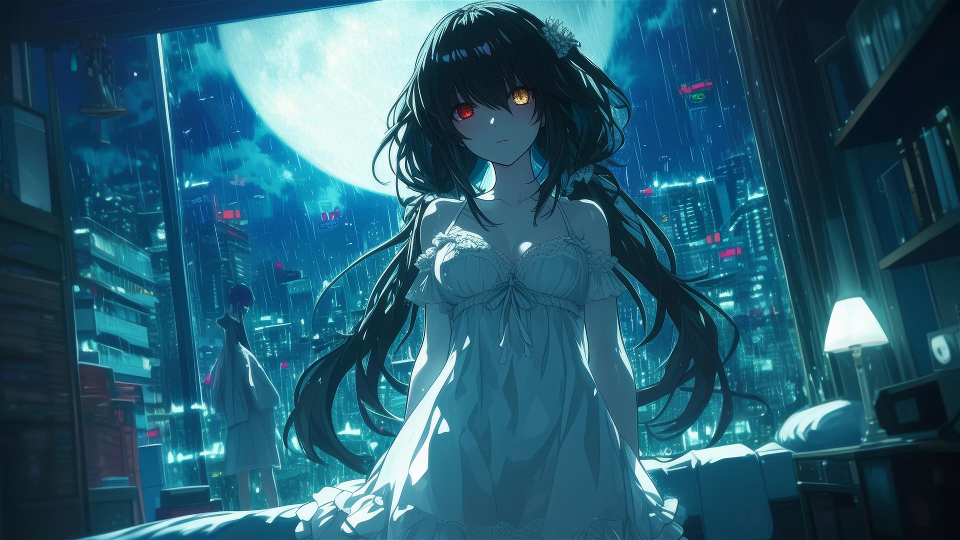 Kurumi Tokisaki in bedroom with moonlight on white dress, red and yellow eyes