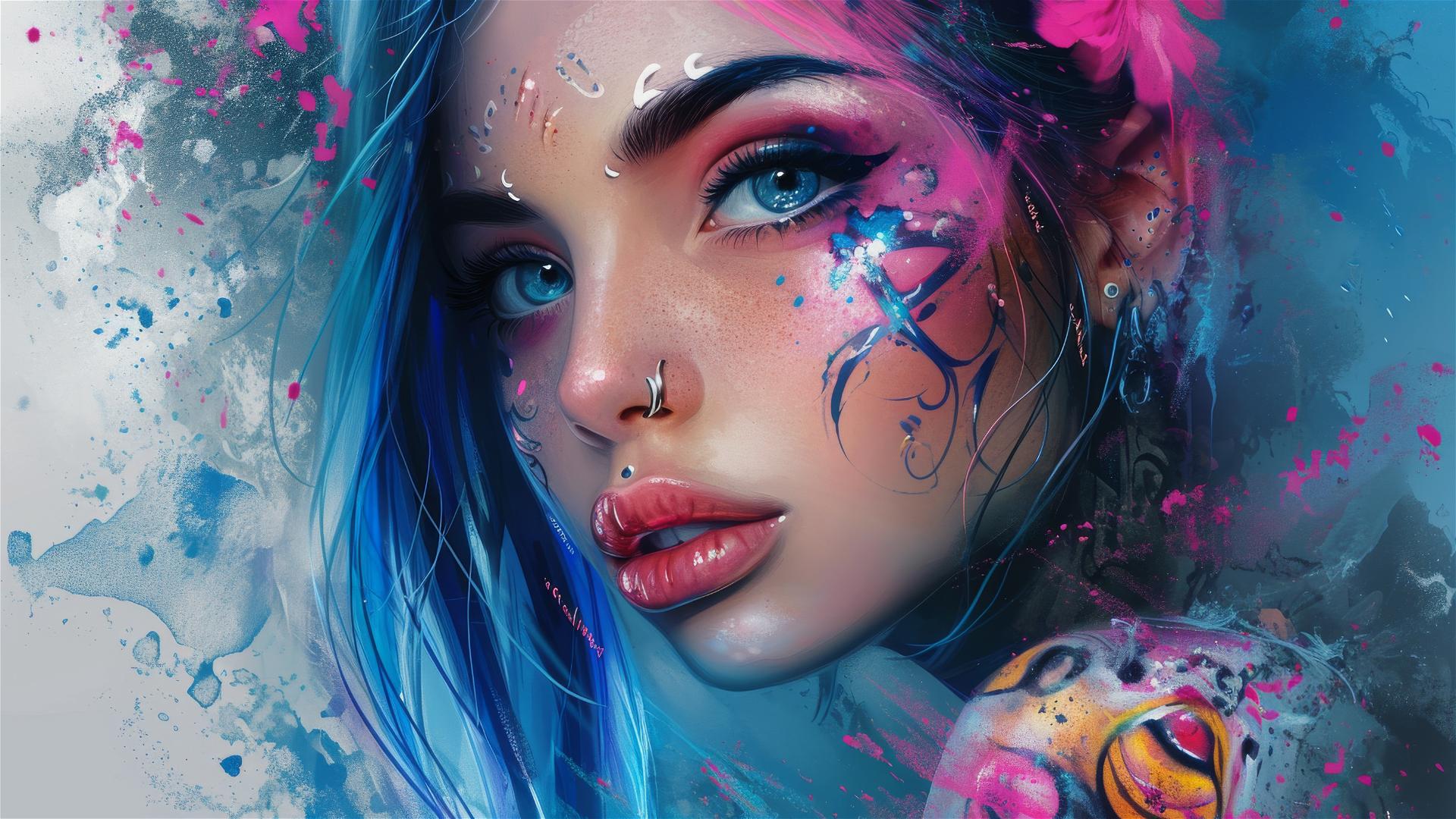 Kawaii tattoo-style young woman in blue and pink