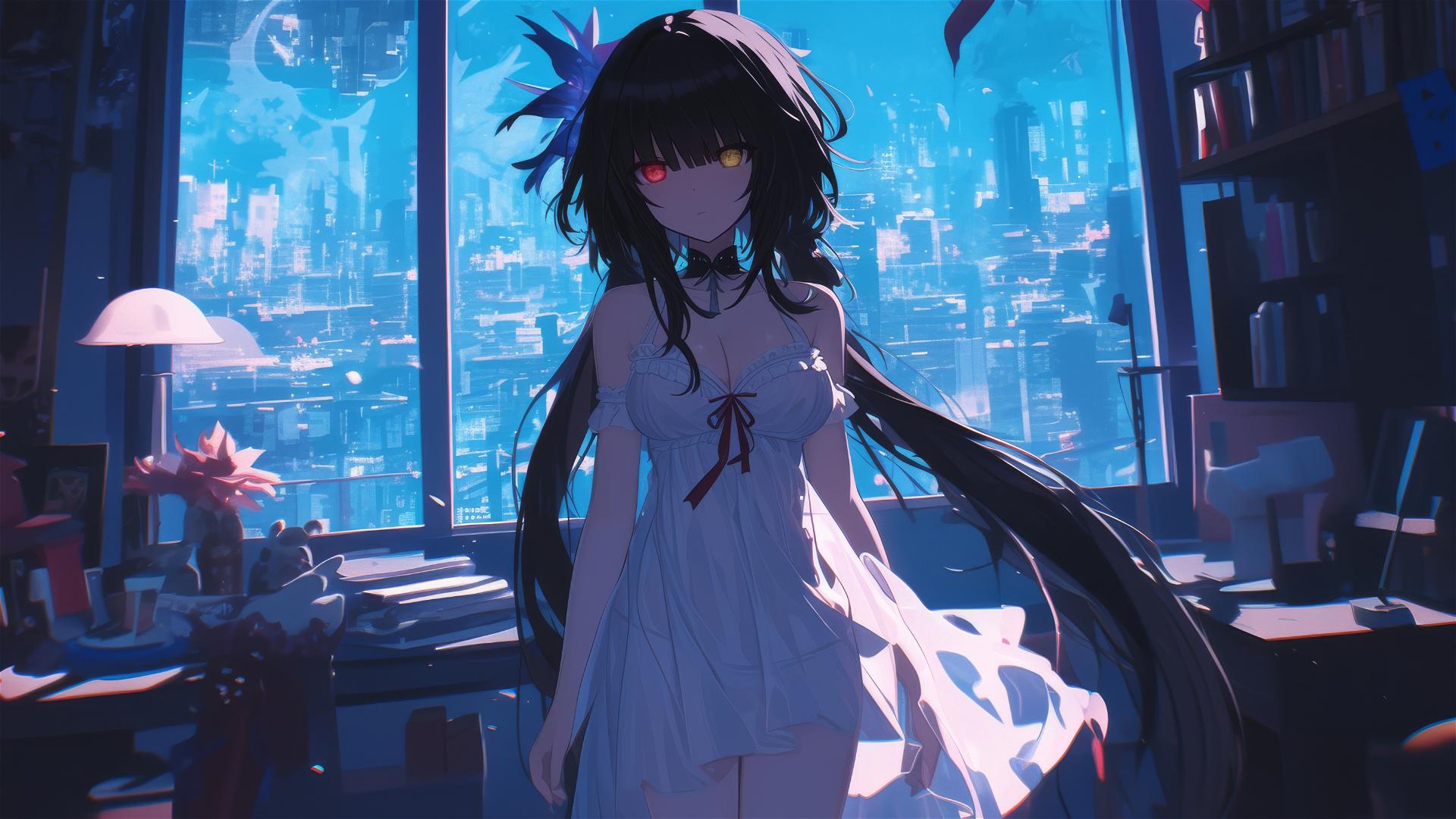 Kurumi Tokisaki in white dress by moonlight with contrasting red and yellow eyes