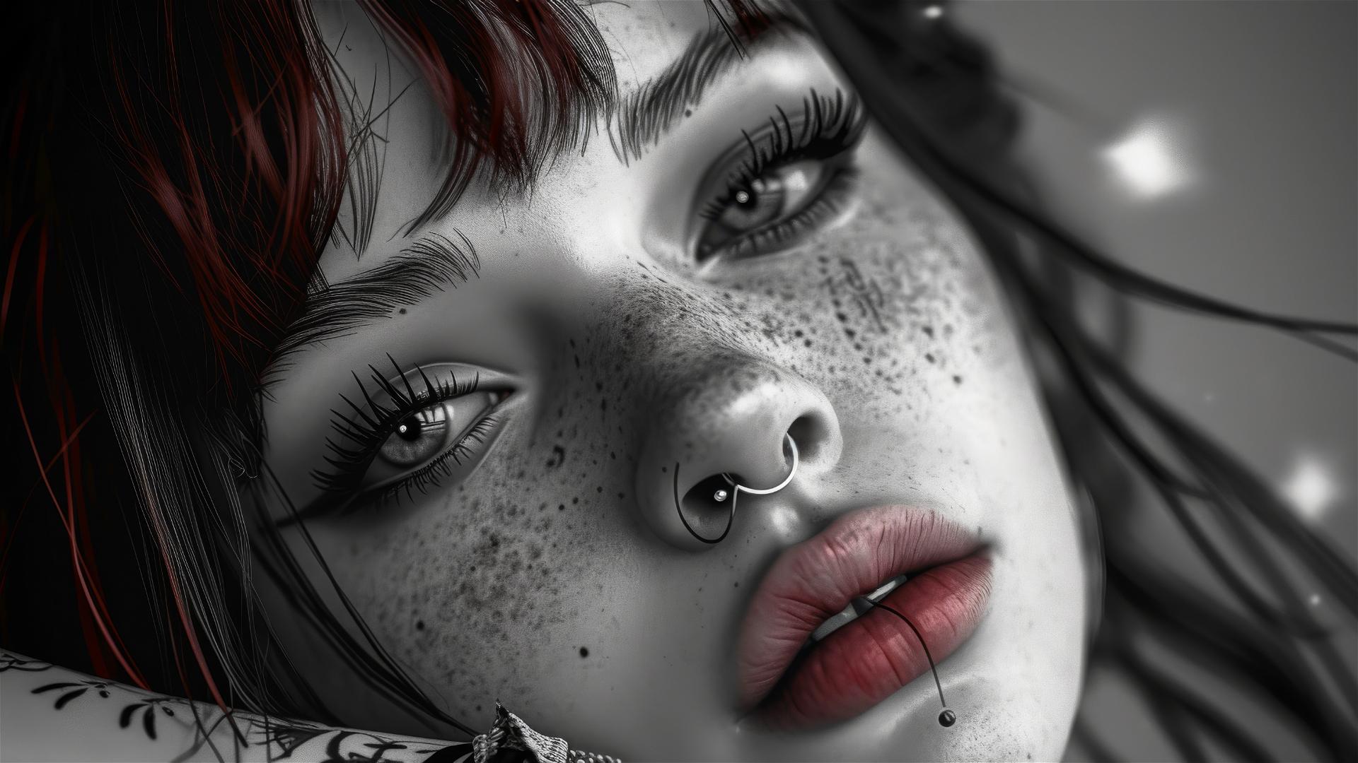 Kawaii tattoo style portrait of a young woman in black and white with pink and amber accents.