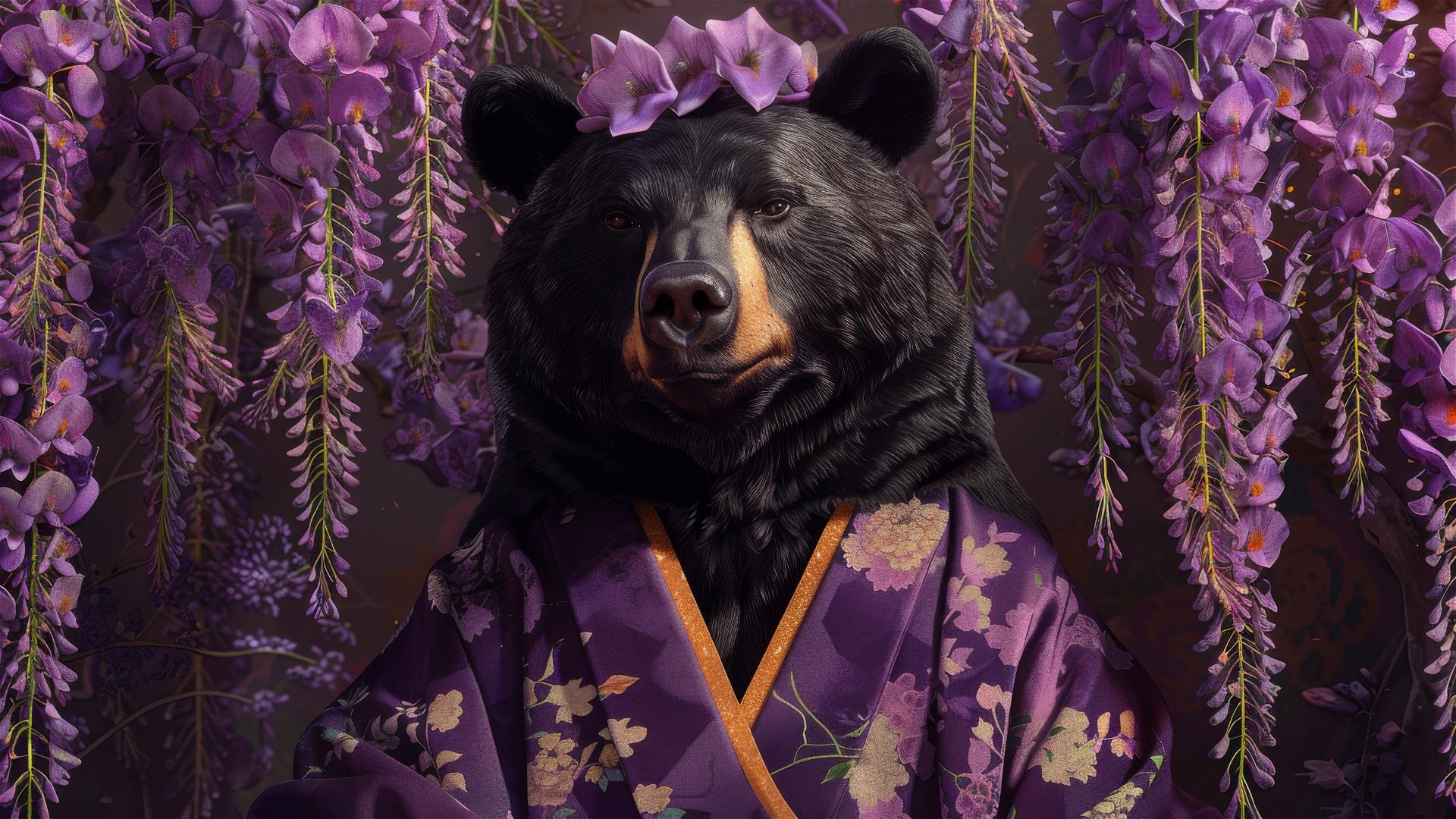 Black bear in purple wisteria kimono with floral wreath, vintage background