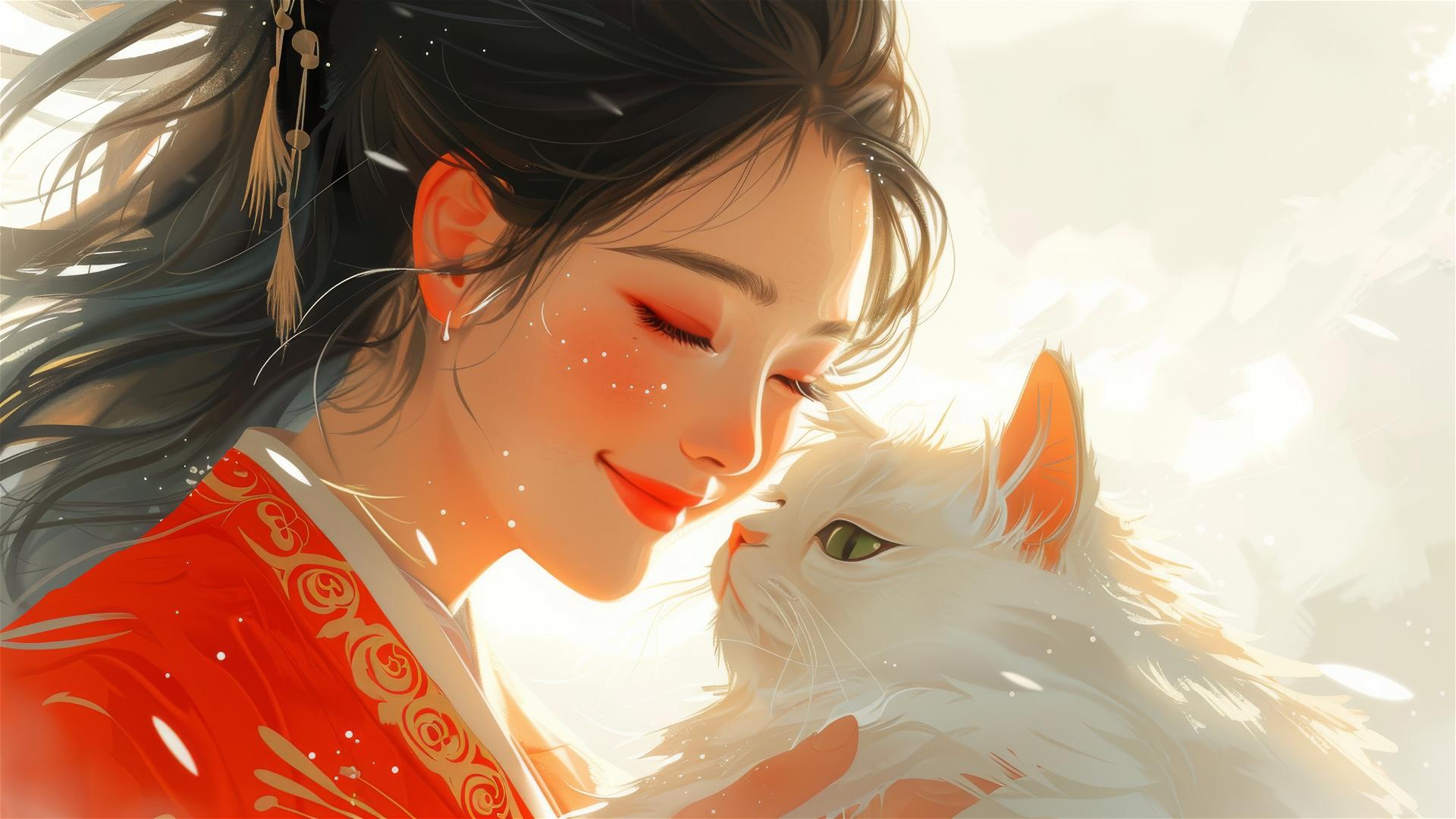 Chinese woman in Hanfu with white cat in a misty, surreal setting
