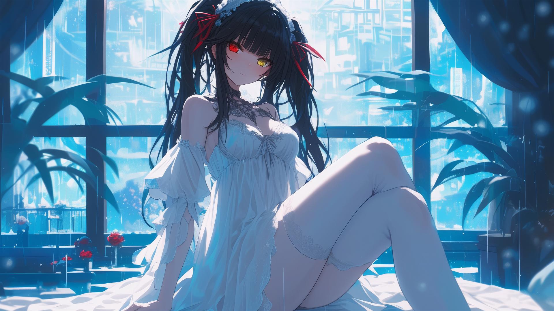 Kurumi Tokisaki from Date A Live in moonlit apartment, dress in white, with one red and one yellow eye
