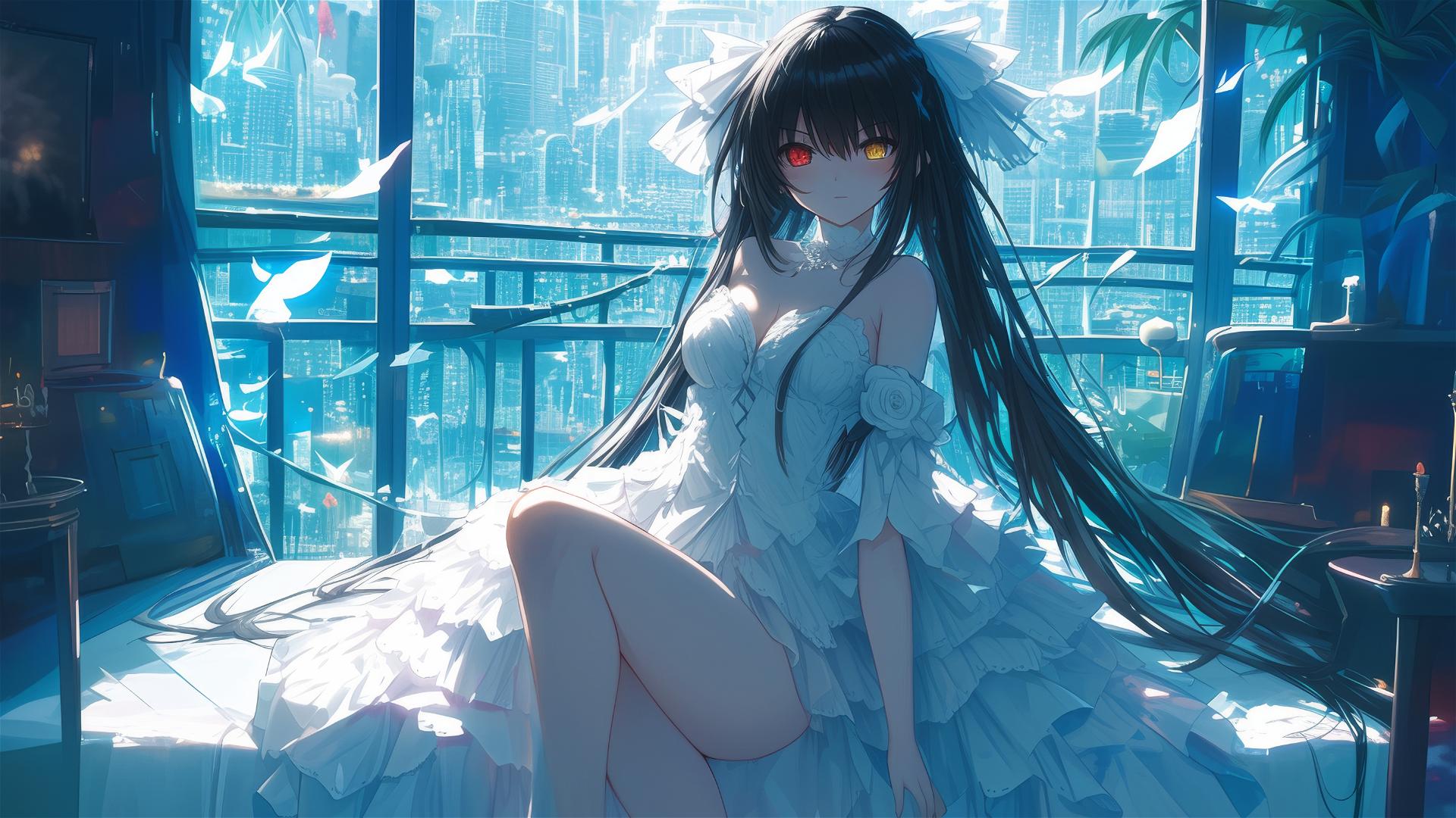 Kurumi Tokisaki in moonlit apartment, white dress, red and yellow eyes