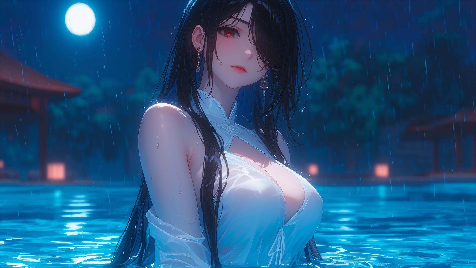 Kurumi Tokisaki in white, rainy pool, moonlight glow