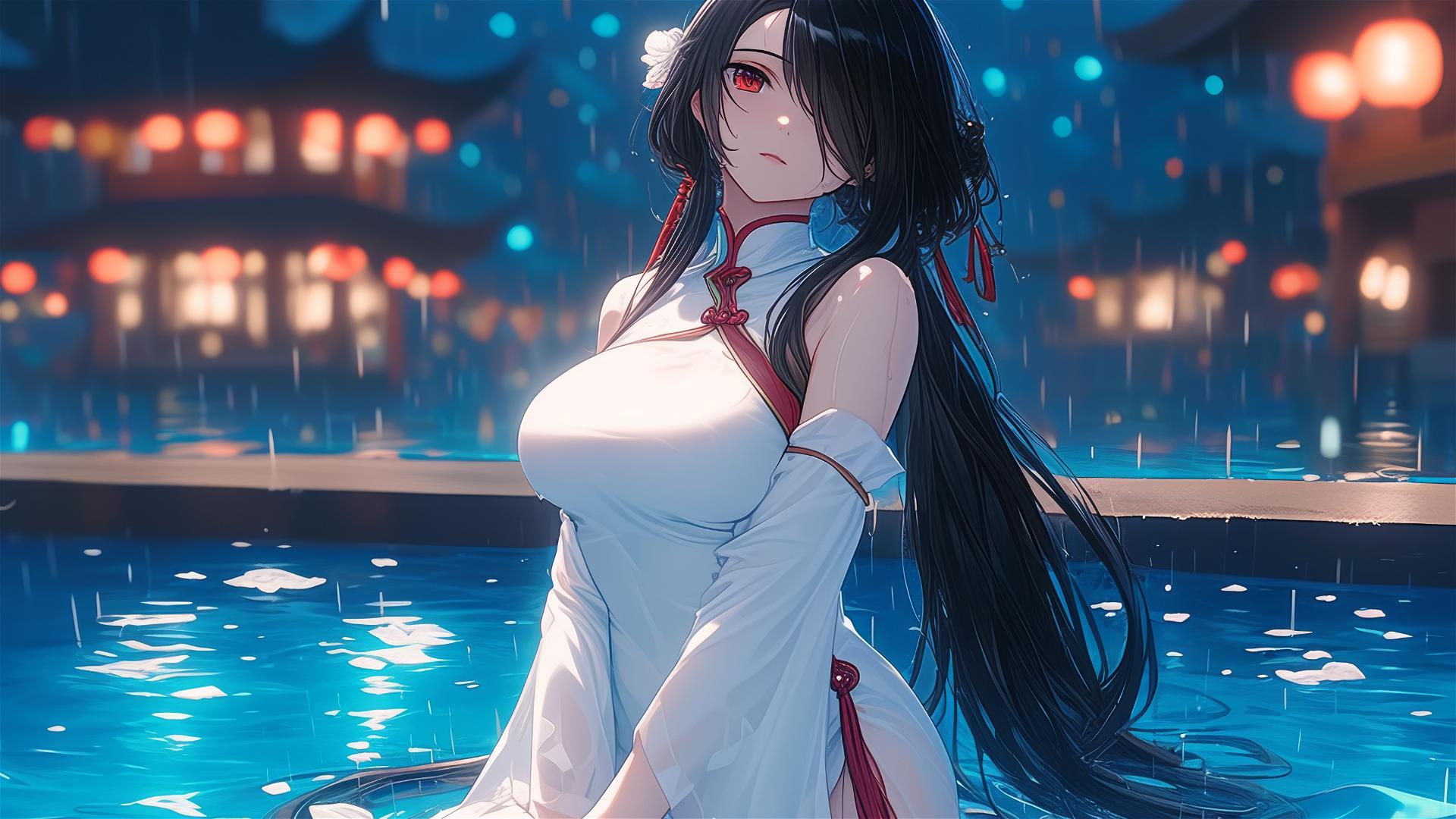 Kurumi Tokisaki in white, moonlit pool with red eye, hair over one eye, rain