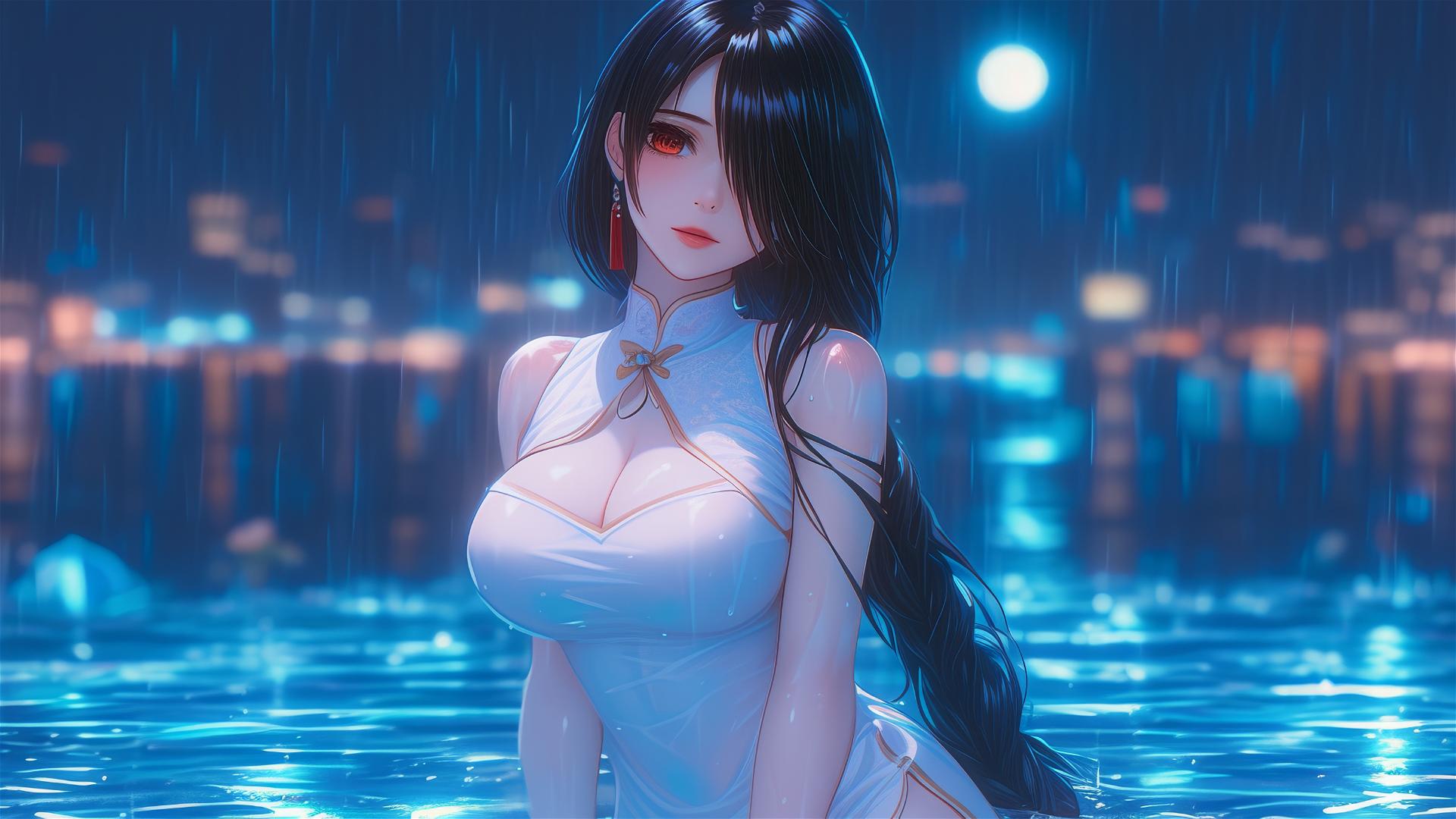 Kurumi Tokisaki in a white dress under moonlit rainy pool scene