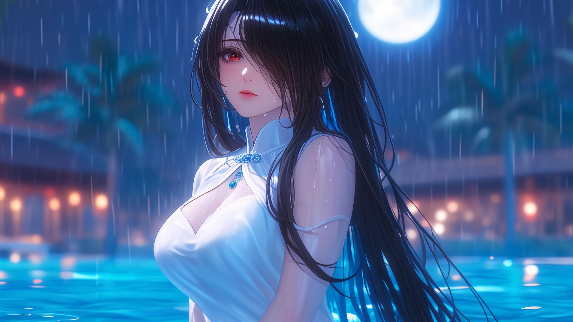 Kurumi Tokisaki in white dress under moonlight in rainy pool with one red eye
