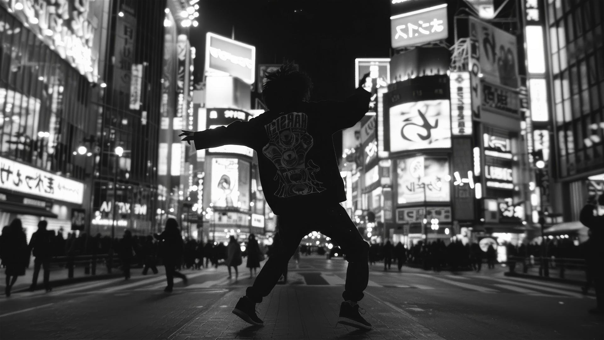 Man dancing in neon-lit Shinjuku street at night in black and white