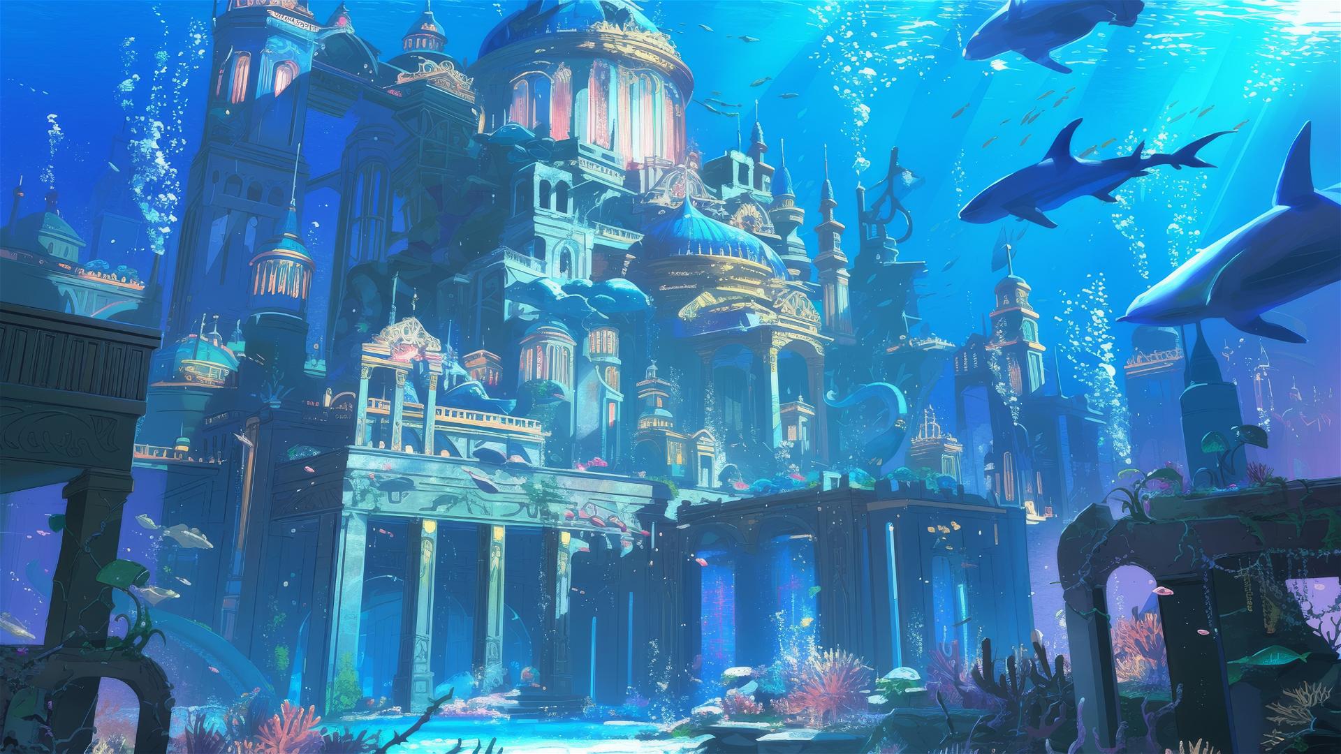 Studio Ghibli-style coral palace underwater with mermaids and creatures.