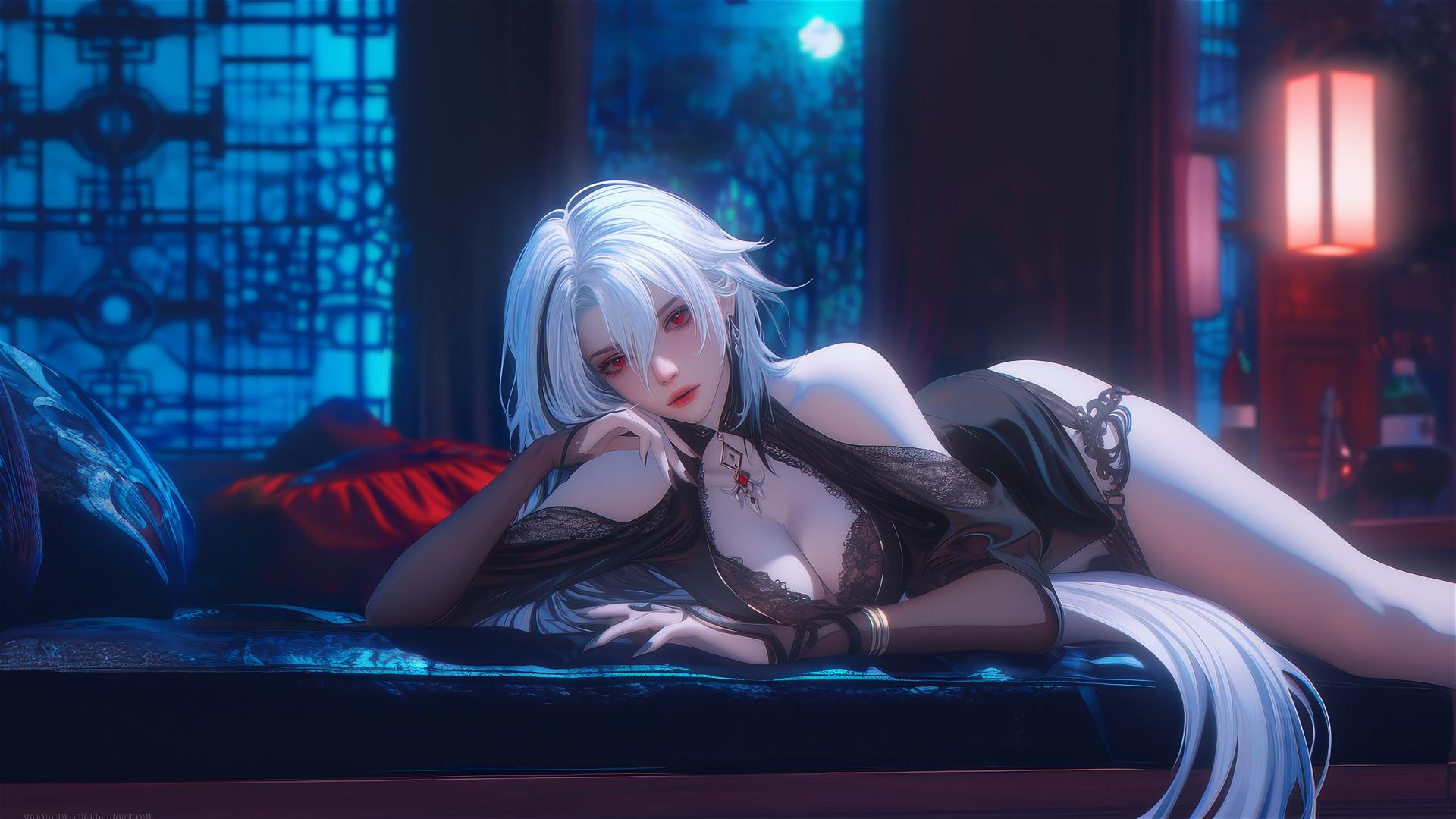 Arlecchino from Genshin Impact with snow white hair, black streaks, and red 'x'-shaped pupils in a moonlit modern hotel room