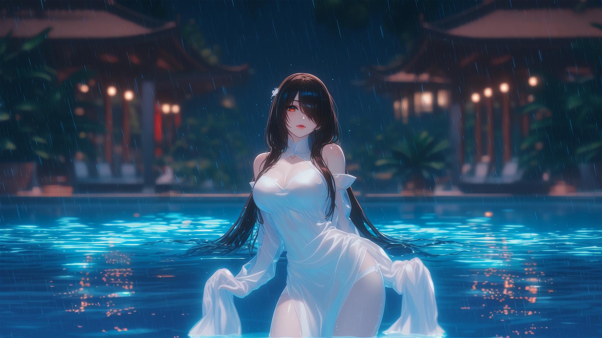Kurumi Tokisaki from Date A Live standing in a rainy pool, with moonlight on her white dress.