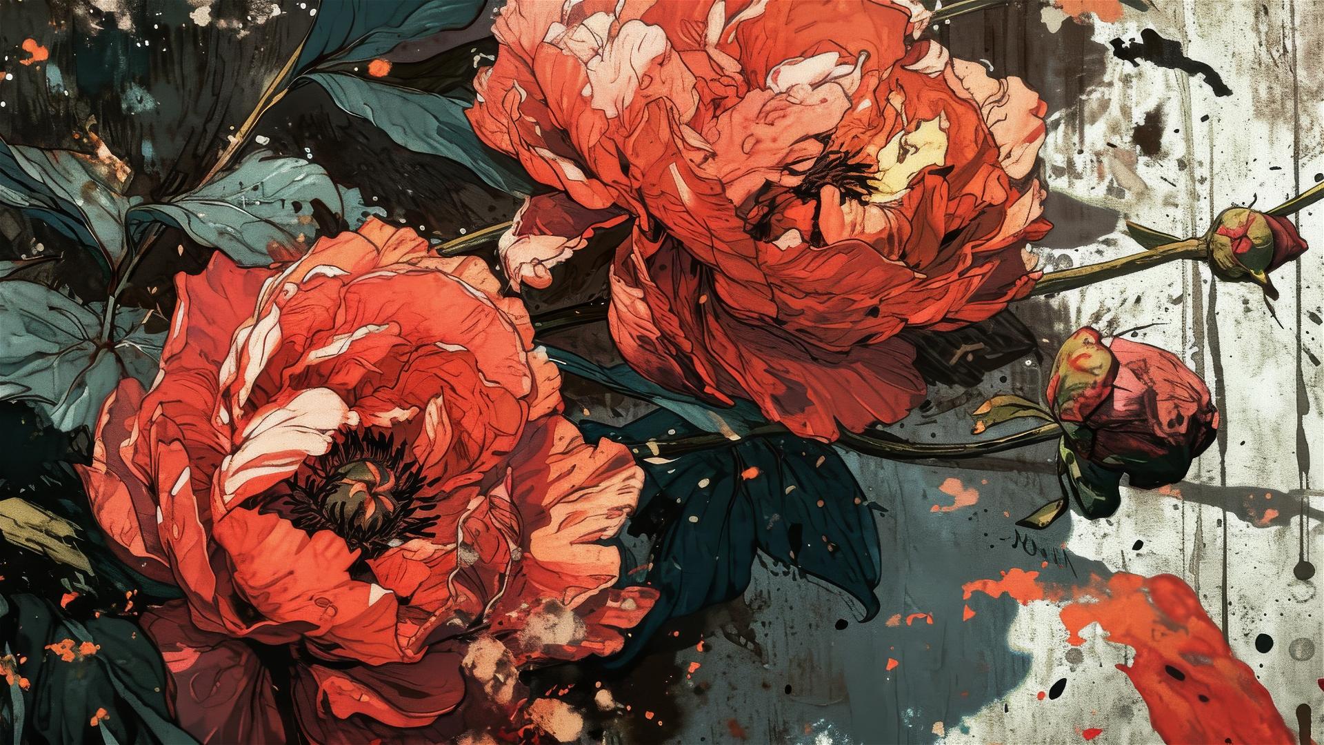 Sienkiewicz-style decaying peonies illustration