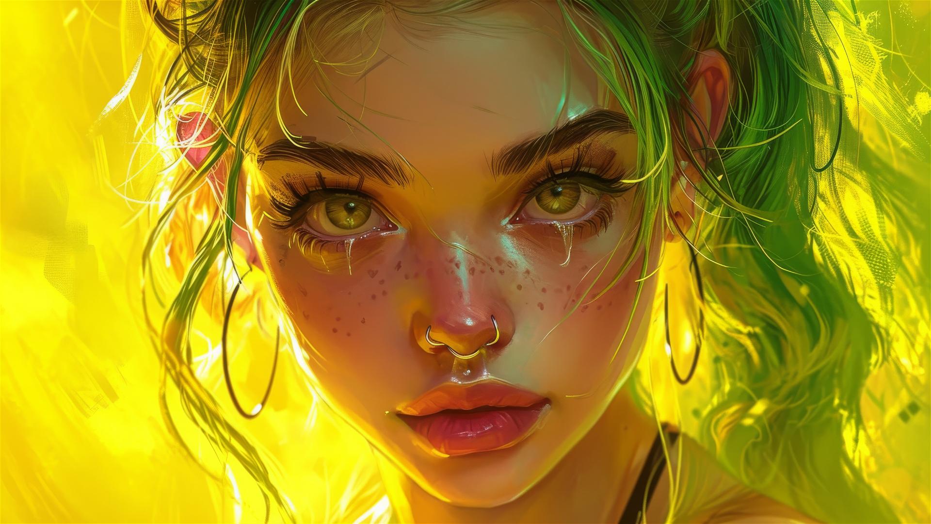 Kawaii tattoo-style art of a woman in green and yellow with pink and amber accents.