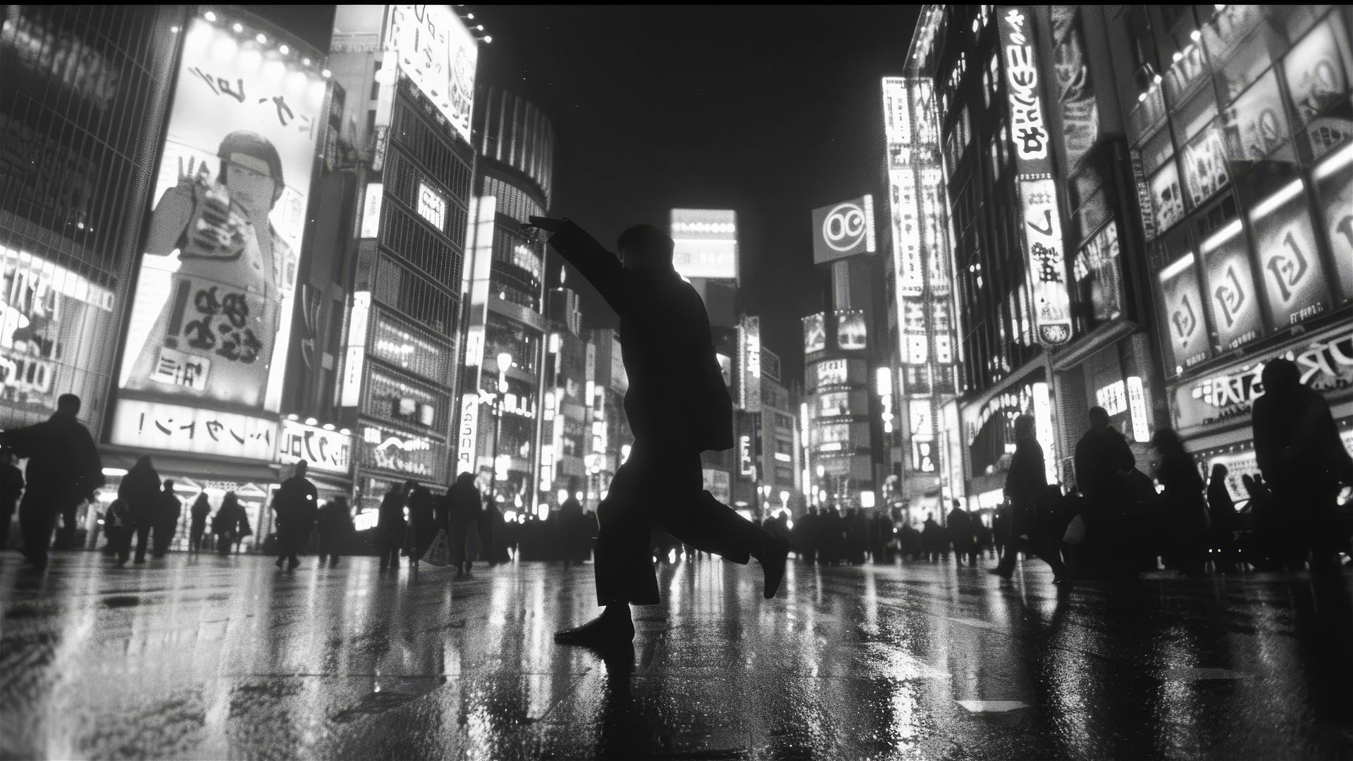 Man dancing in neon-lit Shinjuku street at night, black and white, 35mm film, 1-second exposure.