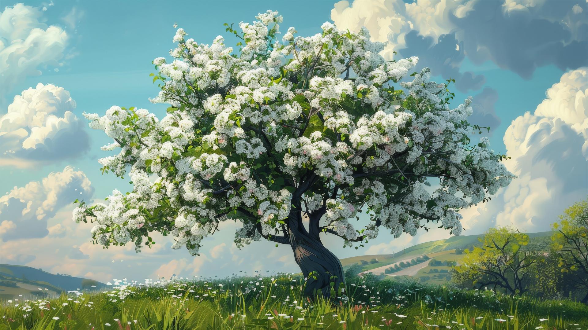 Oil painting of a tree with white flowers under a blue sky