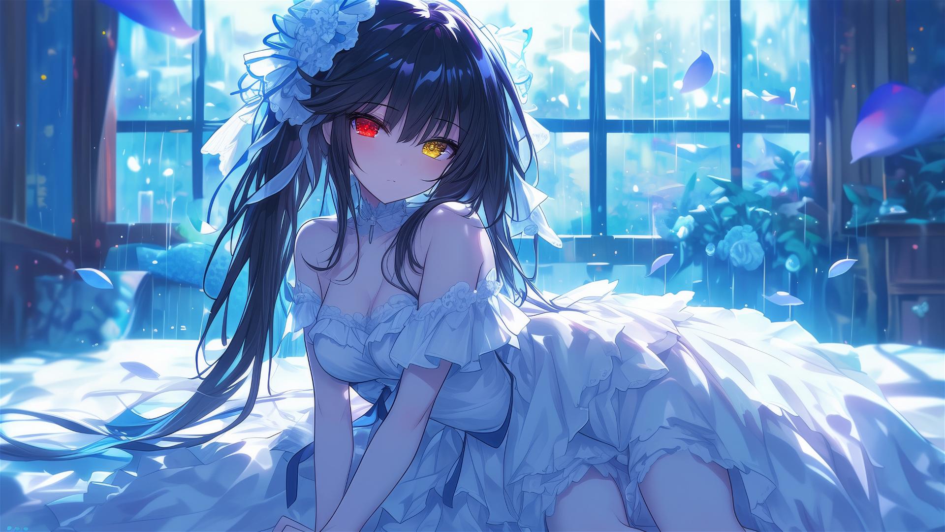 Kurumi Tokisaki resting in bedroom, moonlight on her in white, red and yellow eyes