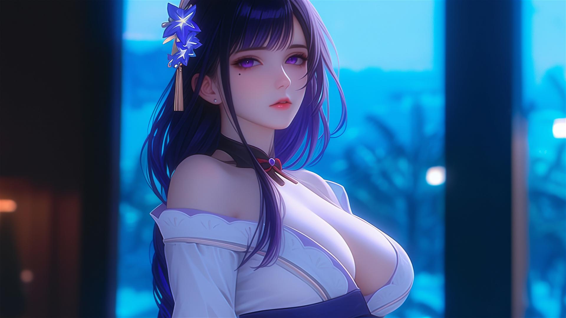 Raiden Shogun from Genshin Impact resting in modern hotel under moonlight