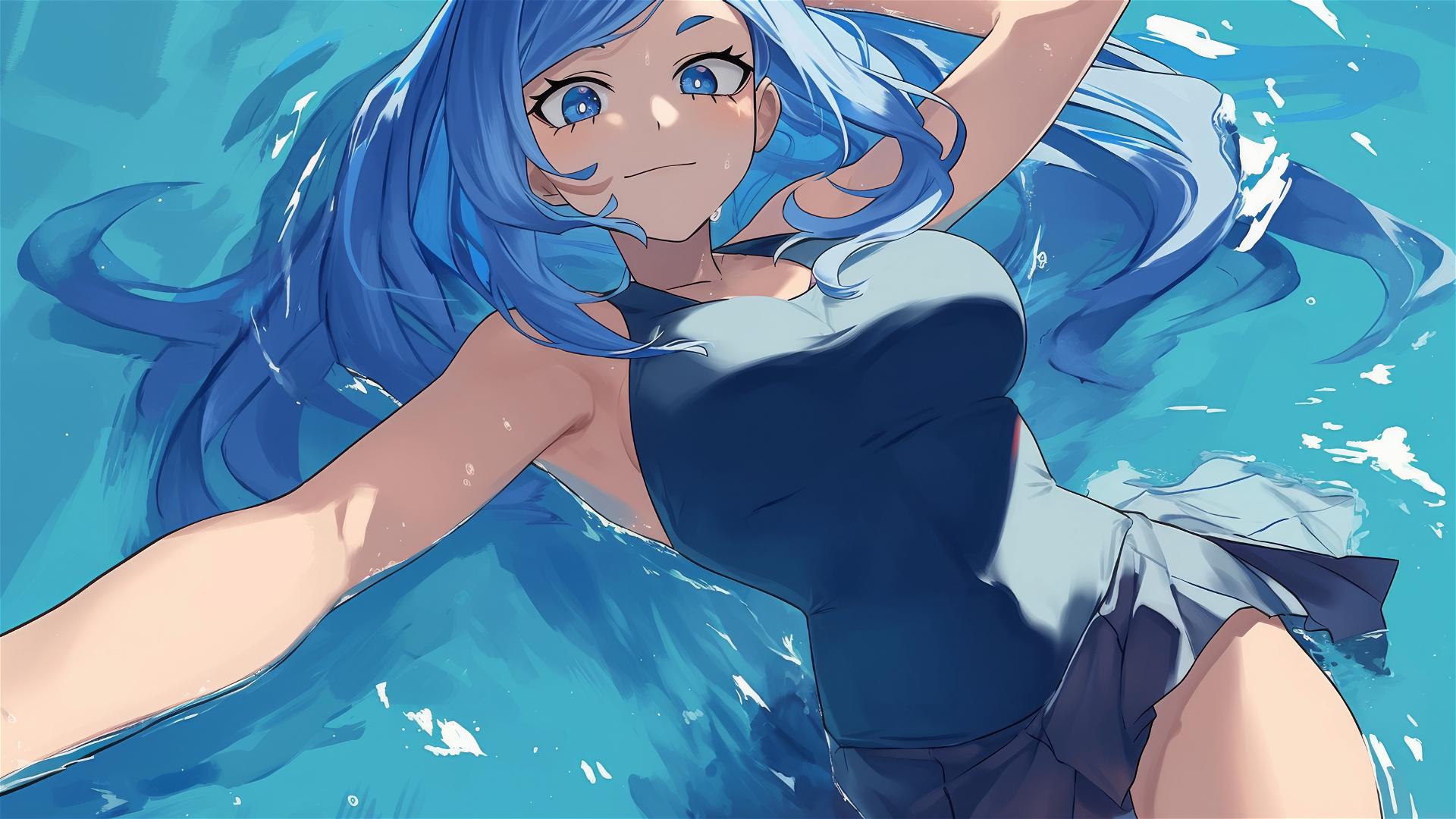 Nejire Hadou from My Hero Academia swimming in a moonlit pool
