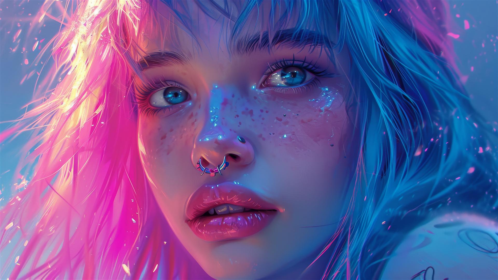 Kawaii tattoo-style young woman in blue and pink